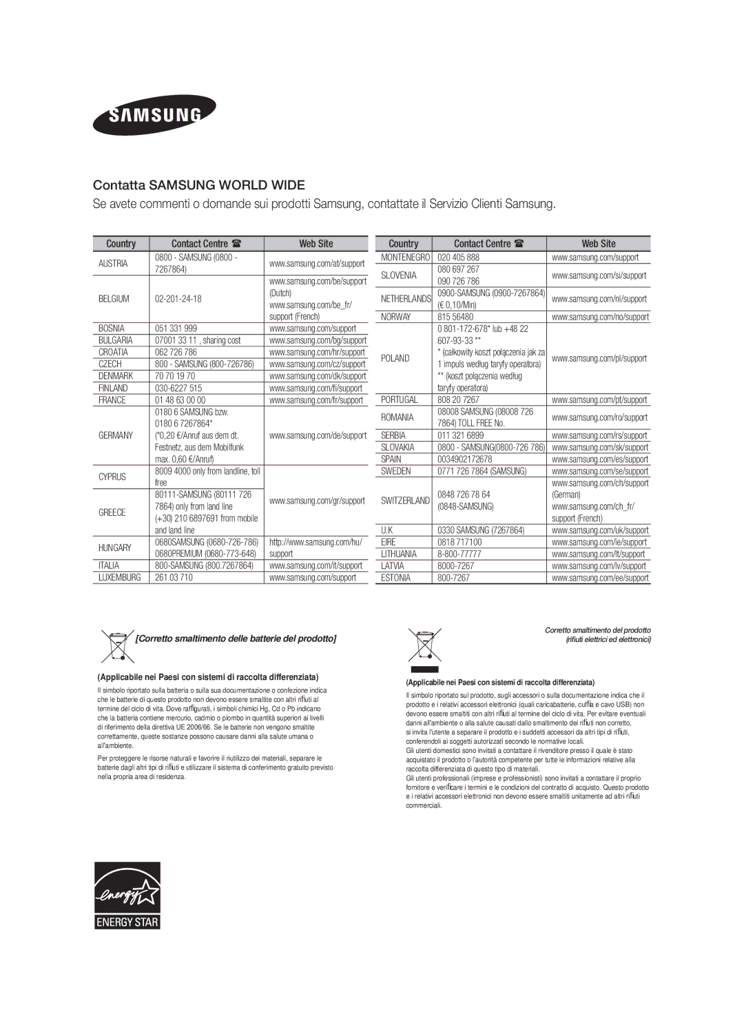 Samsung HW-F550/ZF, HW-F550/EN, HW-F551/ZF manual Corretto smaltimento delle batterie del prodotto 