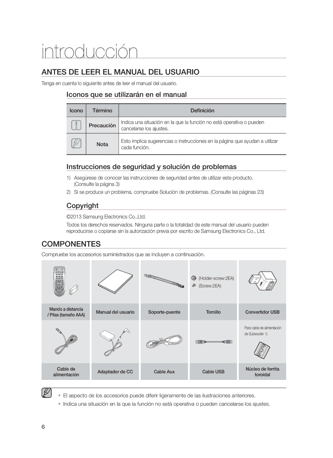 Samsung HW-F550/ZF, HW-F550/EN, HW-F551/ZF manual Introducción, Antes DE Leer EL Manual DEL Usuario, Componentes 