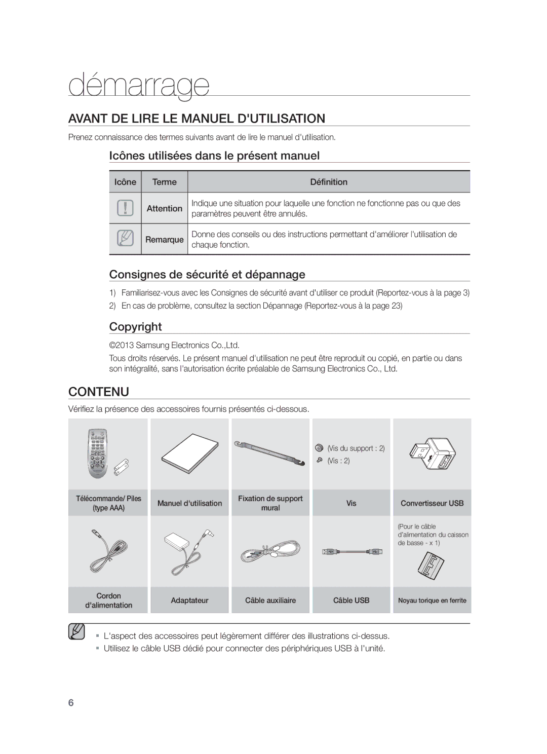 Samsung HW-F550/EN, HW-F551/ZF, HW-F550/ZF manual Démarrage, Avant DE Lire LE Manuel Dutilisation, Contenu 