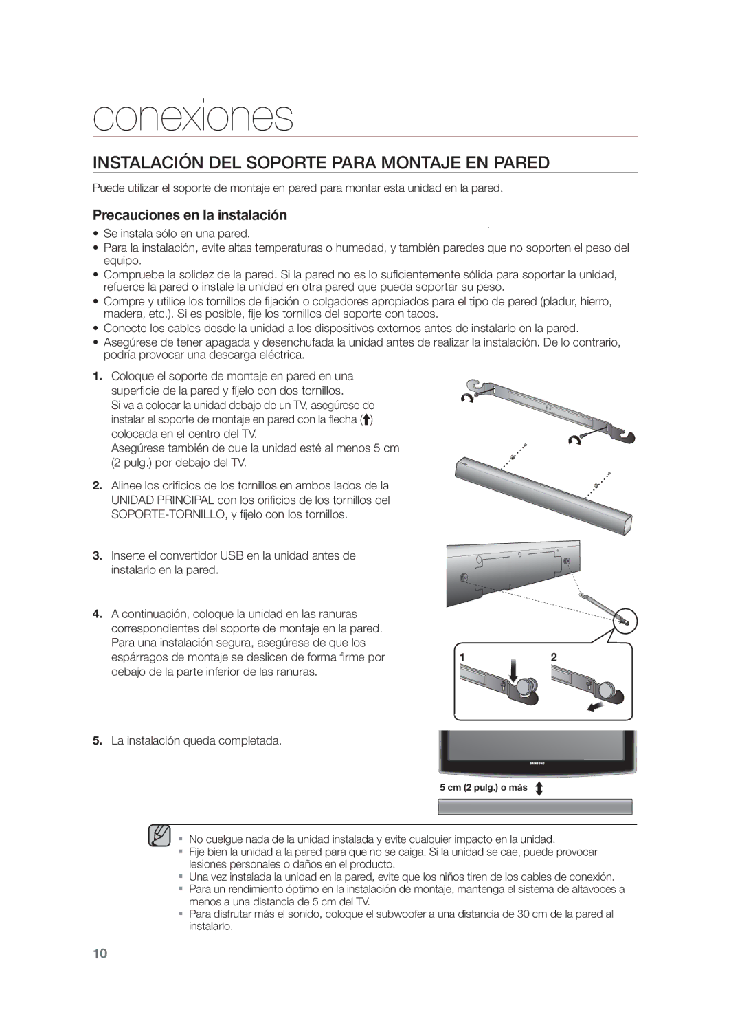 Samsung HW-F550/EN, HW-F551/ZF, HW-F550/ZF manual Conexiones, Instalación DEL Soporte Para Montaje EN Pared 