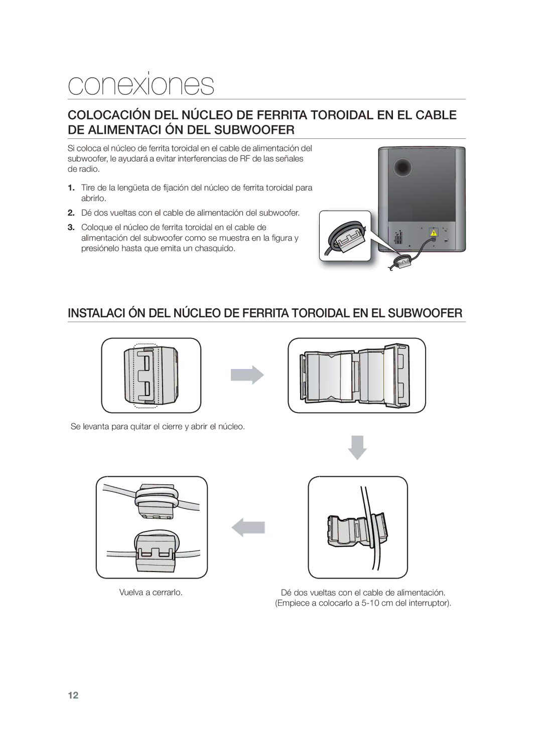 Samsung HW-F550/ZF, HW-F550/EN, HW-F551/ZF manual Instalaci ÓN DEL Núcleo DE Ferrita Toroidal EN EL Subwoofer 