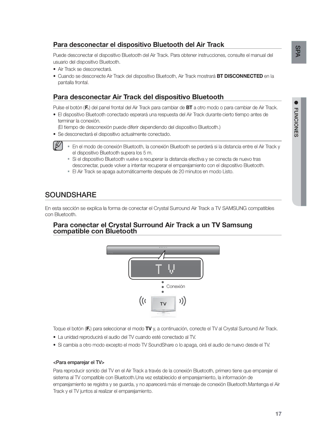 Samsung HW-F551/ZF, HW-F550/EN, HW-F550/ZF Para desconectar el dispositivo Bluetooth del Air Track, Para emparejar el TV 