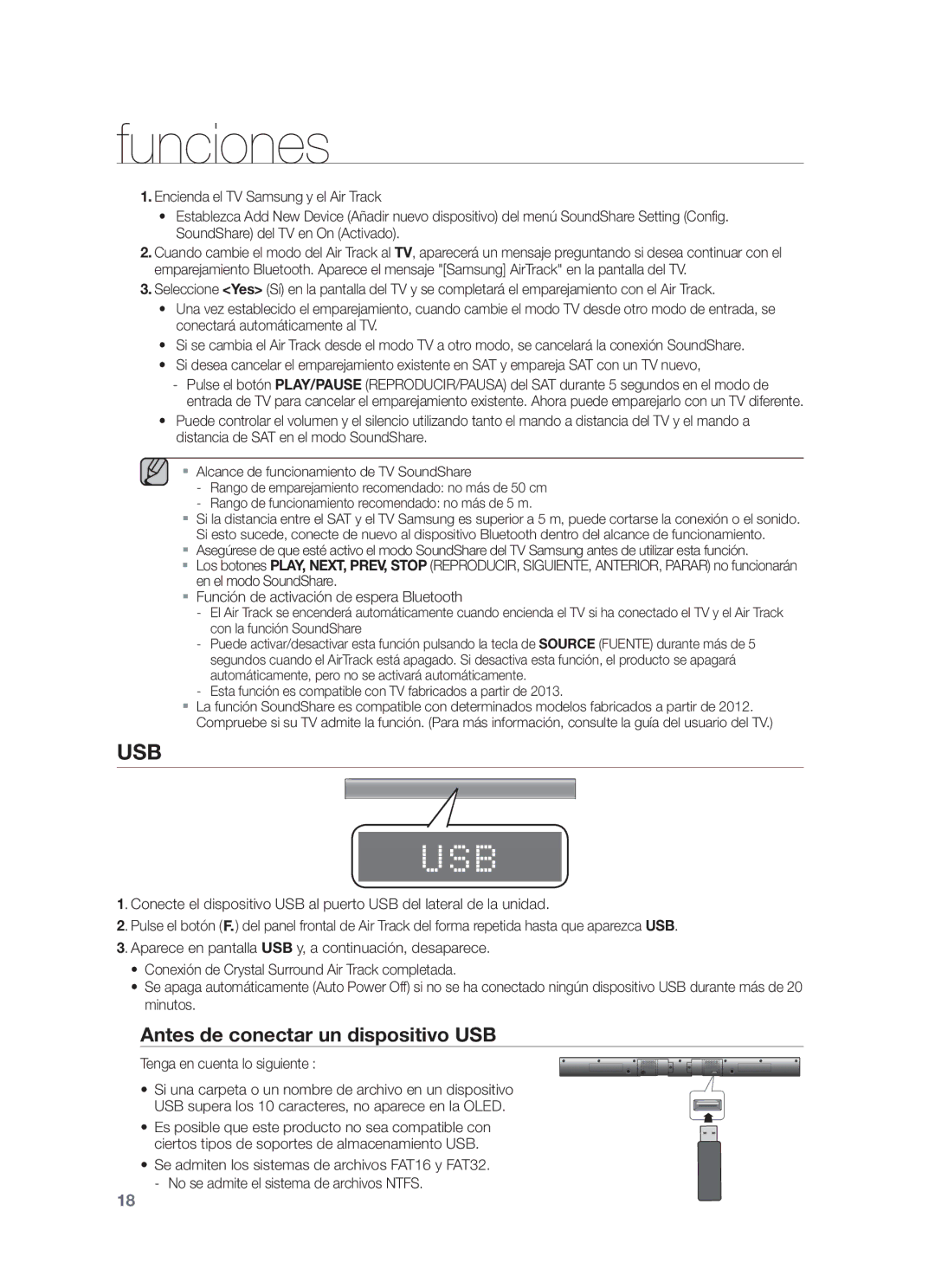 Samsung HW-F550/ZF, HW-F550/EN, HW-F551/ZF manual Antes de conectar un dispositivo USB, Tenga en cuenta lo siguiente 