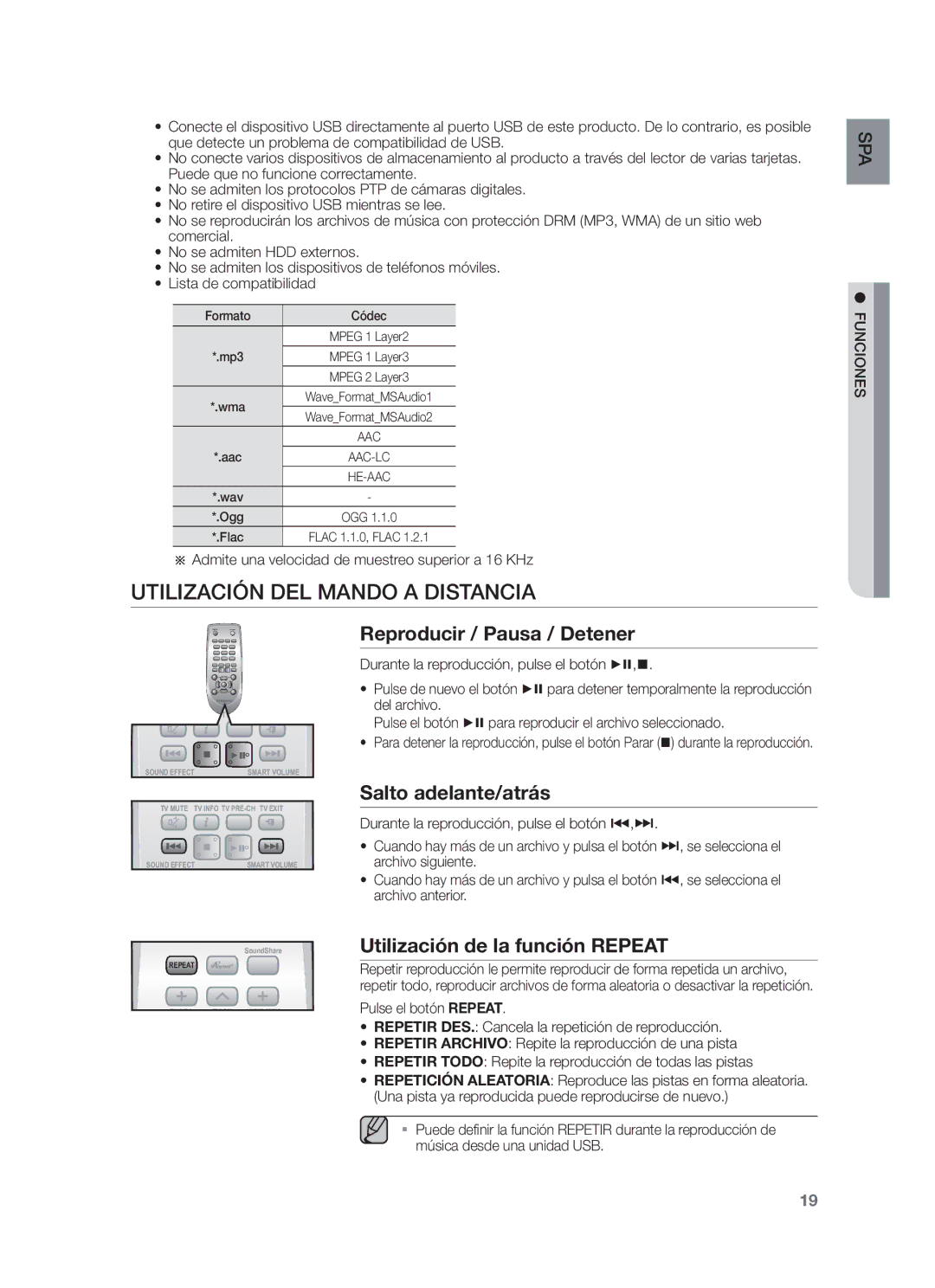 Samsung HW-F550/EN, HW-F551/ZF manual Utilización DEL Mando a Distancia, Reproducir / Pausa / Detener, Salto adelante/atrás 