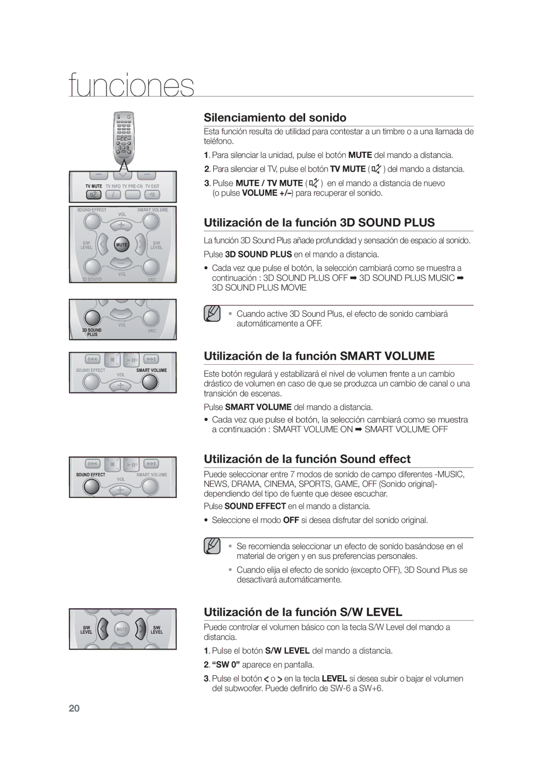 Samsung HW-F551/ZF Silenciamiento del sonido, Utilización de la función 3D Sound Plus, Utilización de la función S/W Level 