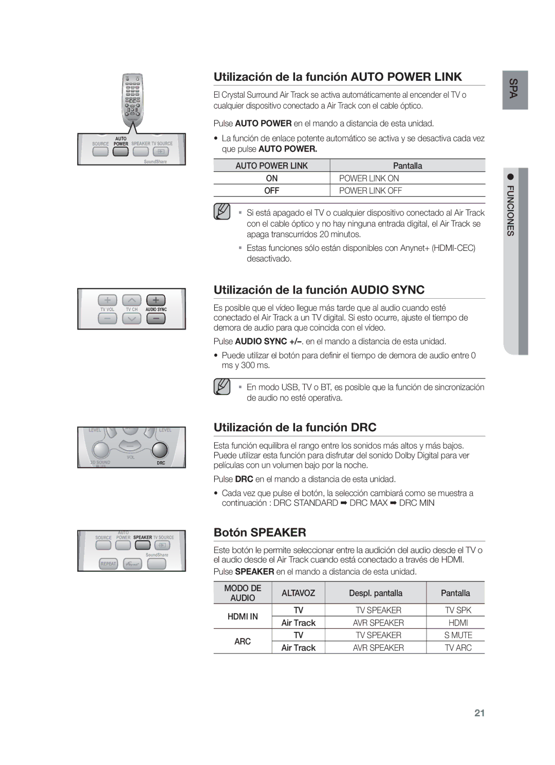 Samsung HW-F550/ZF manual Utilización de la función Auto Power Link, Utilización de la función Audio Sync, Botón Speaker 