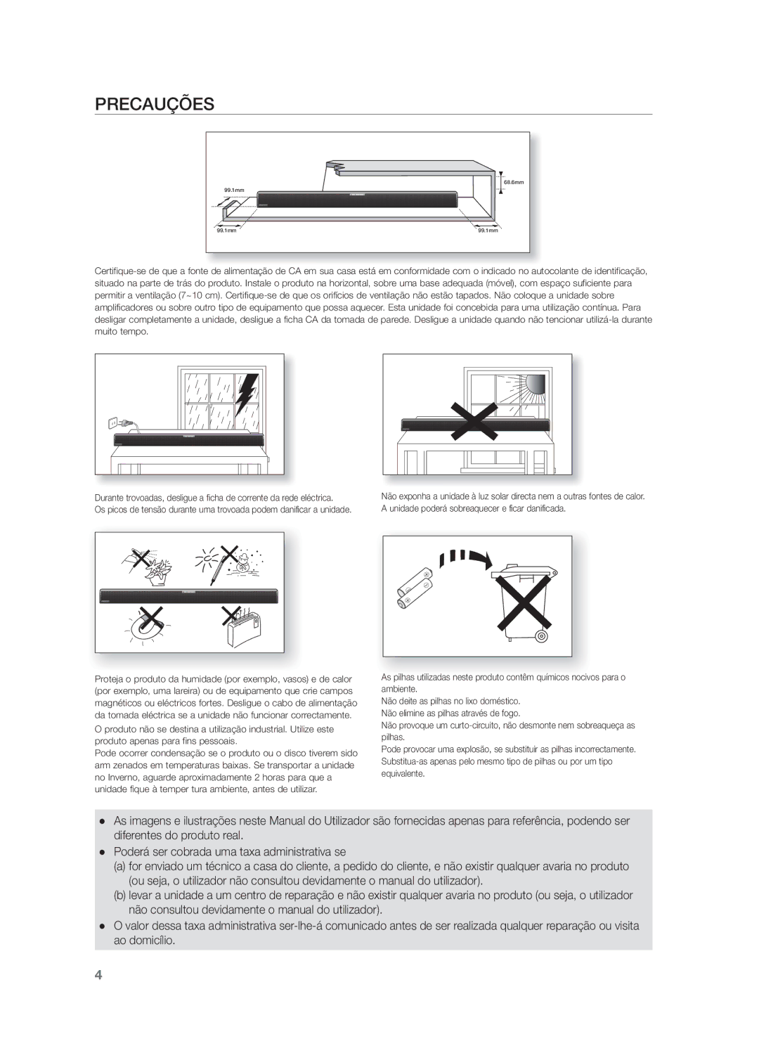 Samsung HW-F551/ZF, HW-F550/EN, HW-F550/ZF manual Precauções 