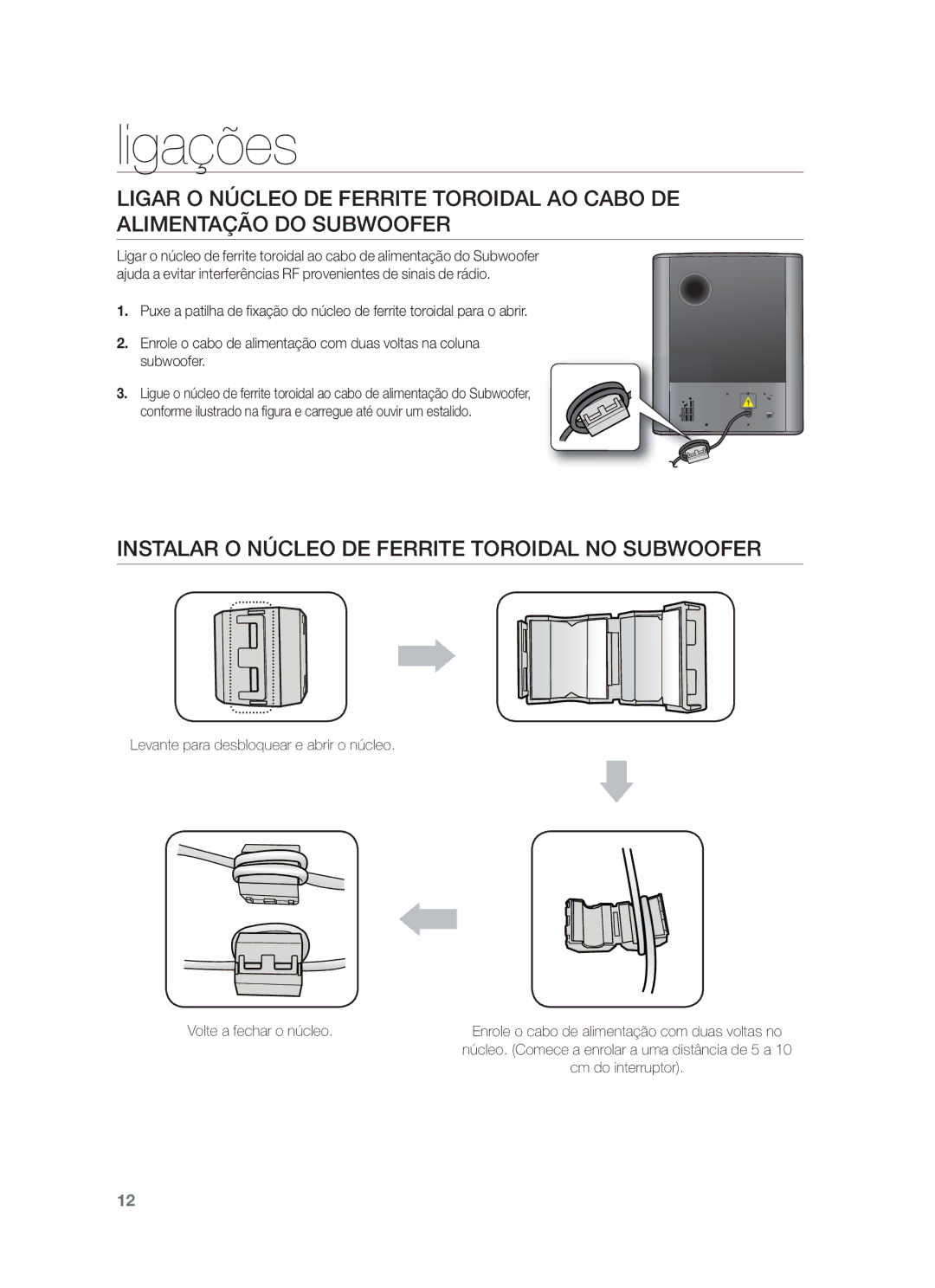 Samsung HW-F550/EN, HW-F551/ZF, HW-F550/ZF manual Instalar O Núcleo DE Ferrite Toroidal no Subwoofer 