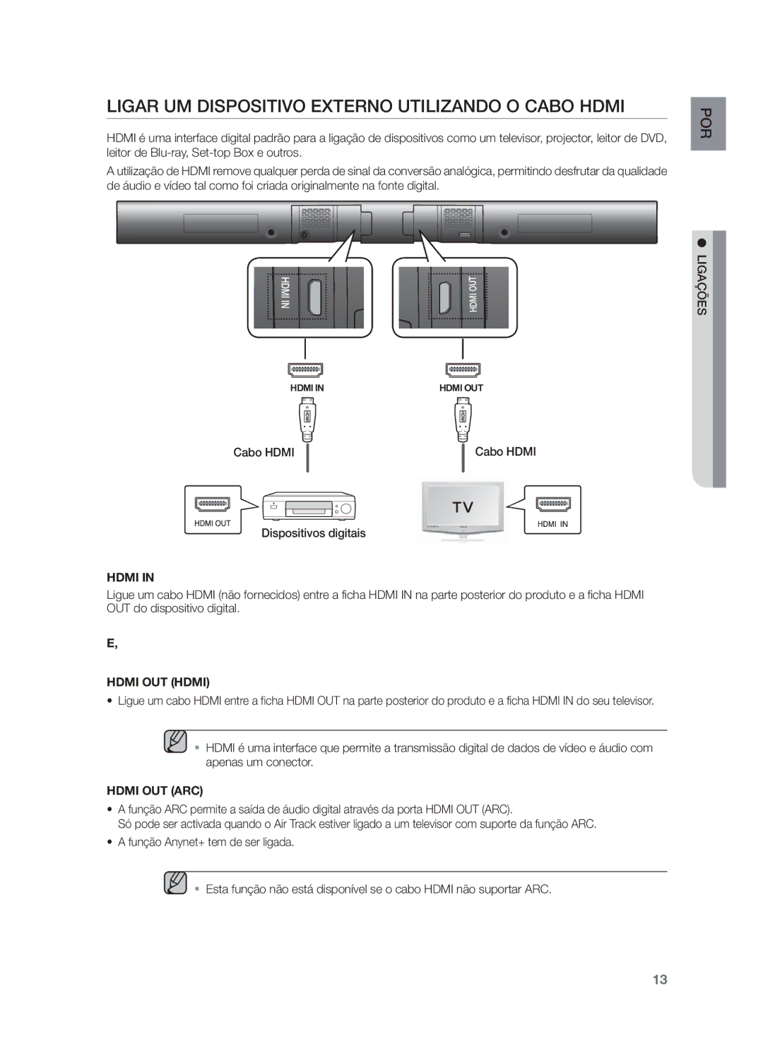 Samsung HW-F551/ZF, HW-F550/EN, HW-F550/ZF manual Ligar UM Dispositivo Externo Utilizando O Cabo Hdmi 