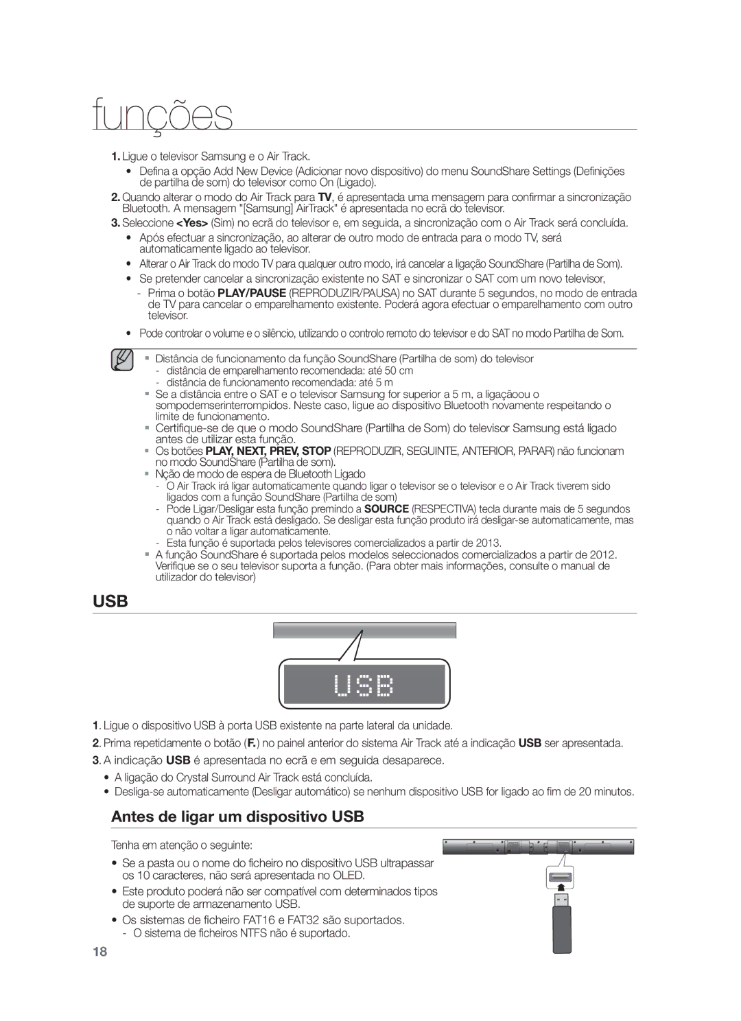 Samsung HW-F550/EN, HW-F551/ZF, HW-F550/ZF manual Antes de ligar um dispositivo USB, Tenha em atenção o seguinte 