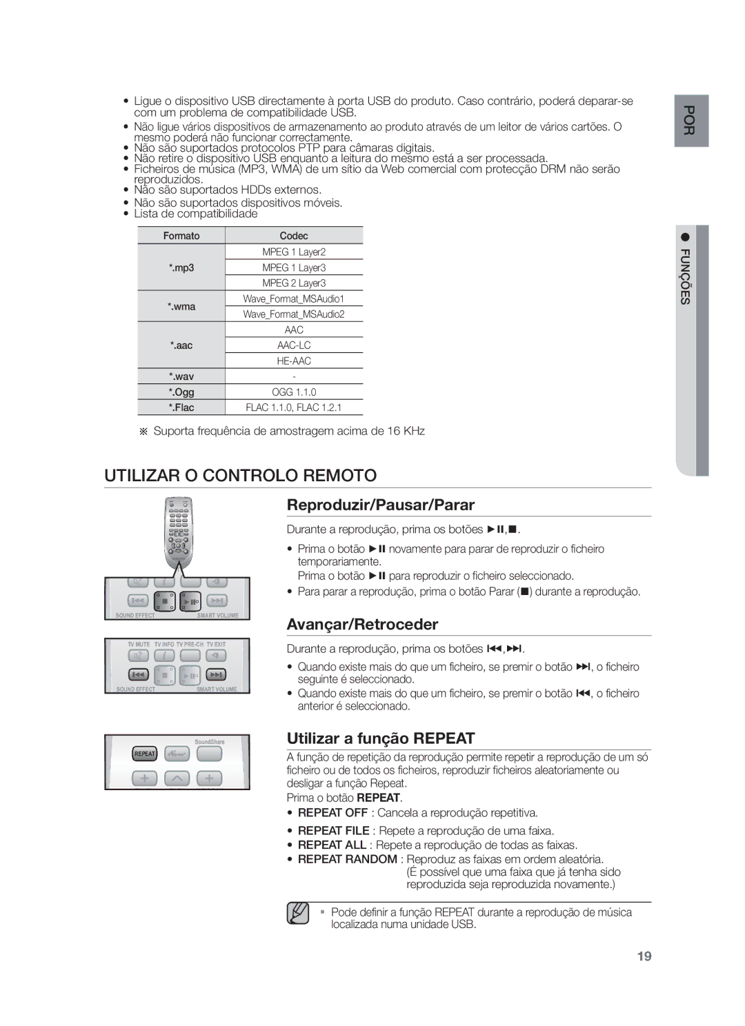 Samsung HW-F551/ZF manual Utilizar O Controlo Remoto, Reproduzir/Pausar/Parar, Avançar/Retroceder, Utilizar a função Repeat 