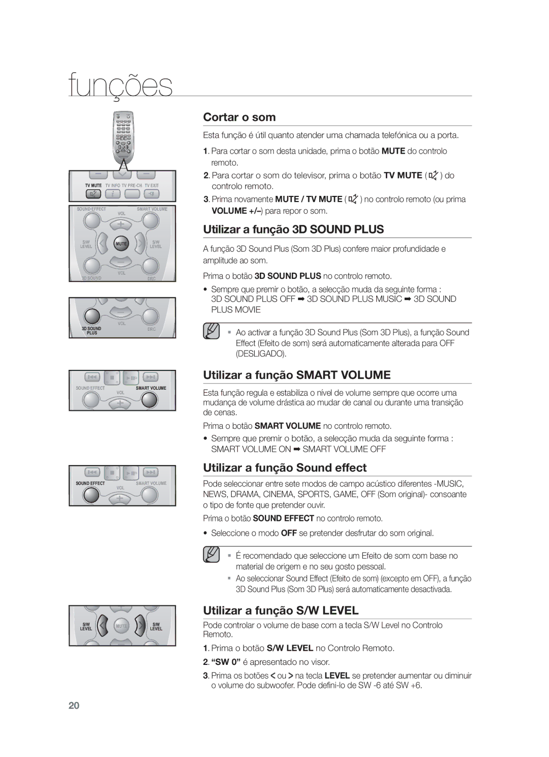 Samsung HW-F550/ZF, HW-F550/EN, HW-F551/ZF Cortar o som, Utilizar a função 3D Sound Plus, Utilizar a função Smart Volume 