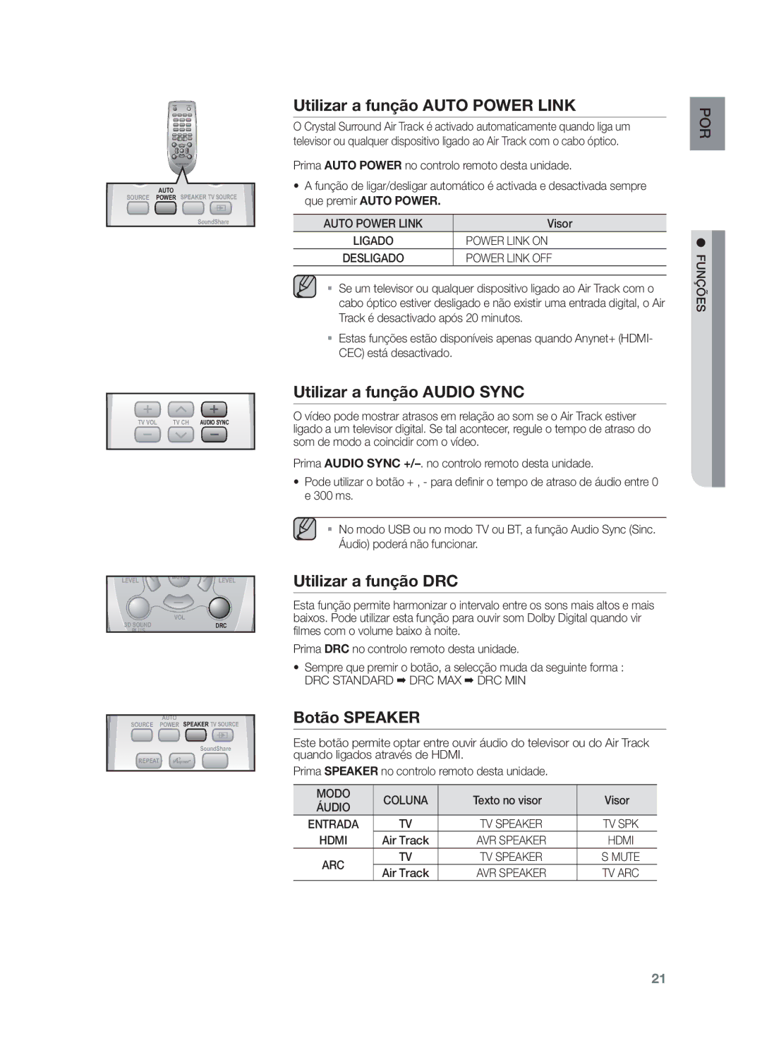 Samsung HW-F550/EN Utilizar a função Auto Power Link, Utilizar a função Audio Sync, Utilizar a função DRC, Botão Speaker 