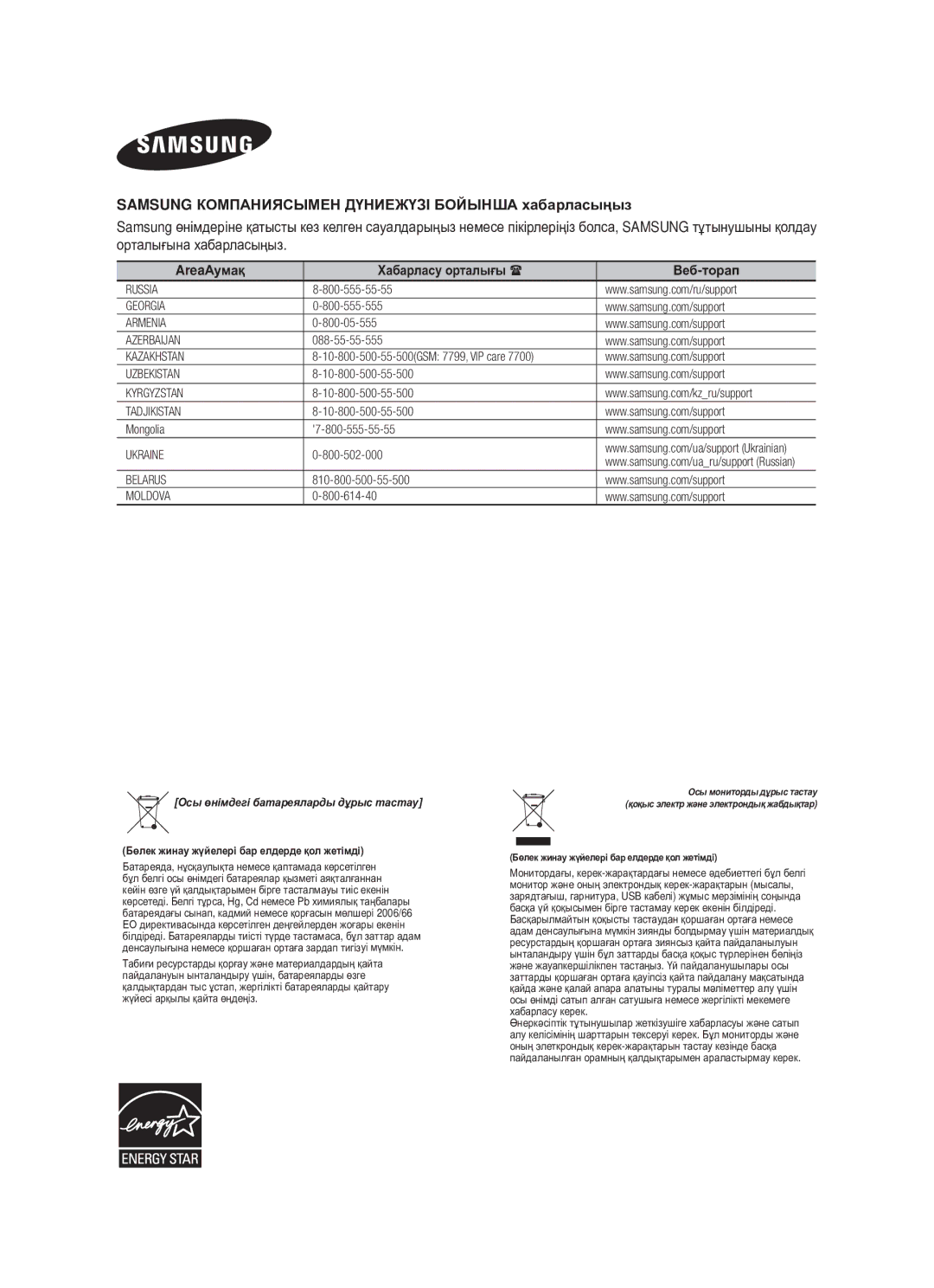 Samsung HW-F550/RU manual Samsung КɈɆПȺɇИЯɋЫɆȿɇ ДҮɇИȿЖҮЗȱ БɈɃЫɇШȺ ɯɚбɚɪлɚɫыңыз, AreaȺɭмɚқ Ɏɚбɚɪлɚɫɭ ɨɪтɚлығы Ȼɟб-тɨɪɚп 