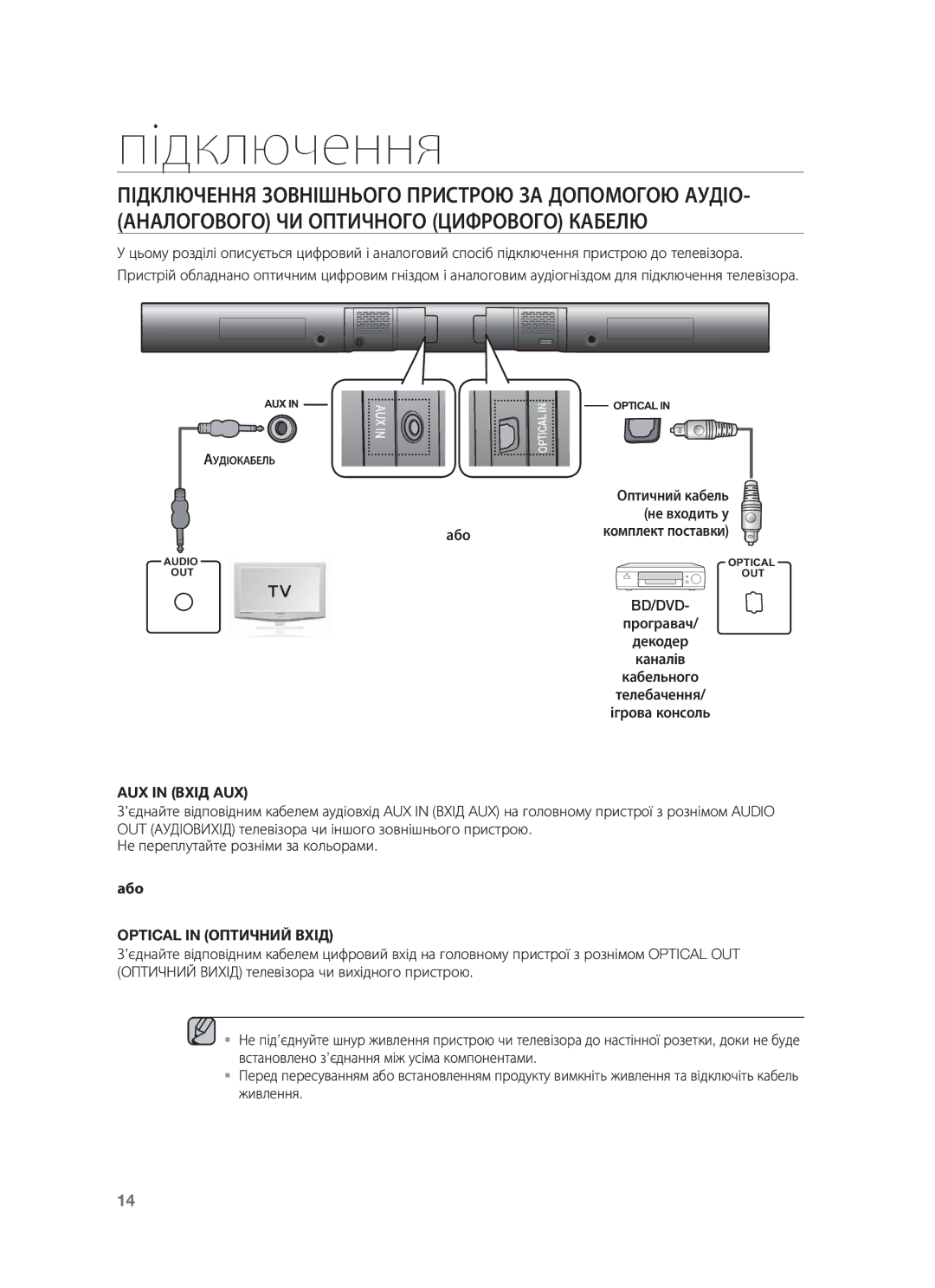 Samsung HW-F550/RU manual Або, Bd/Dvd, AUX in Вхід AUX, Optical in Оптичний Вхід 