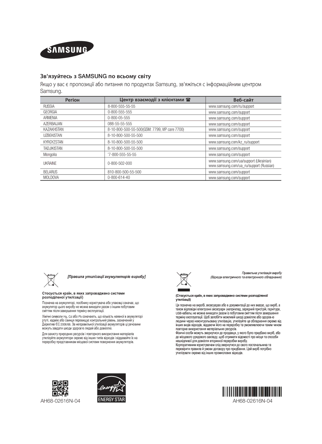 Samsung HW-F550/RU manual AH68-02616N-04, Регіон Центр взаємодії з клієнтами Веб-сайт 