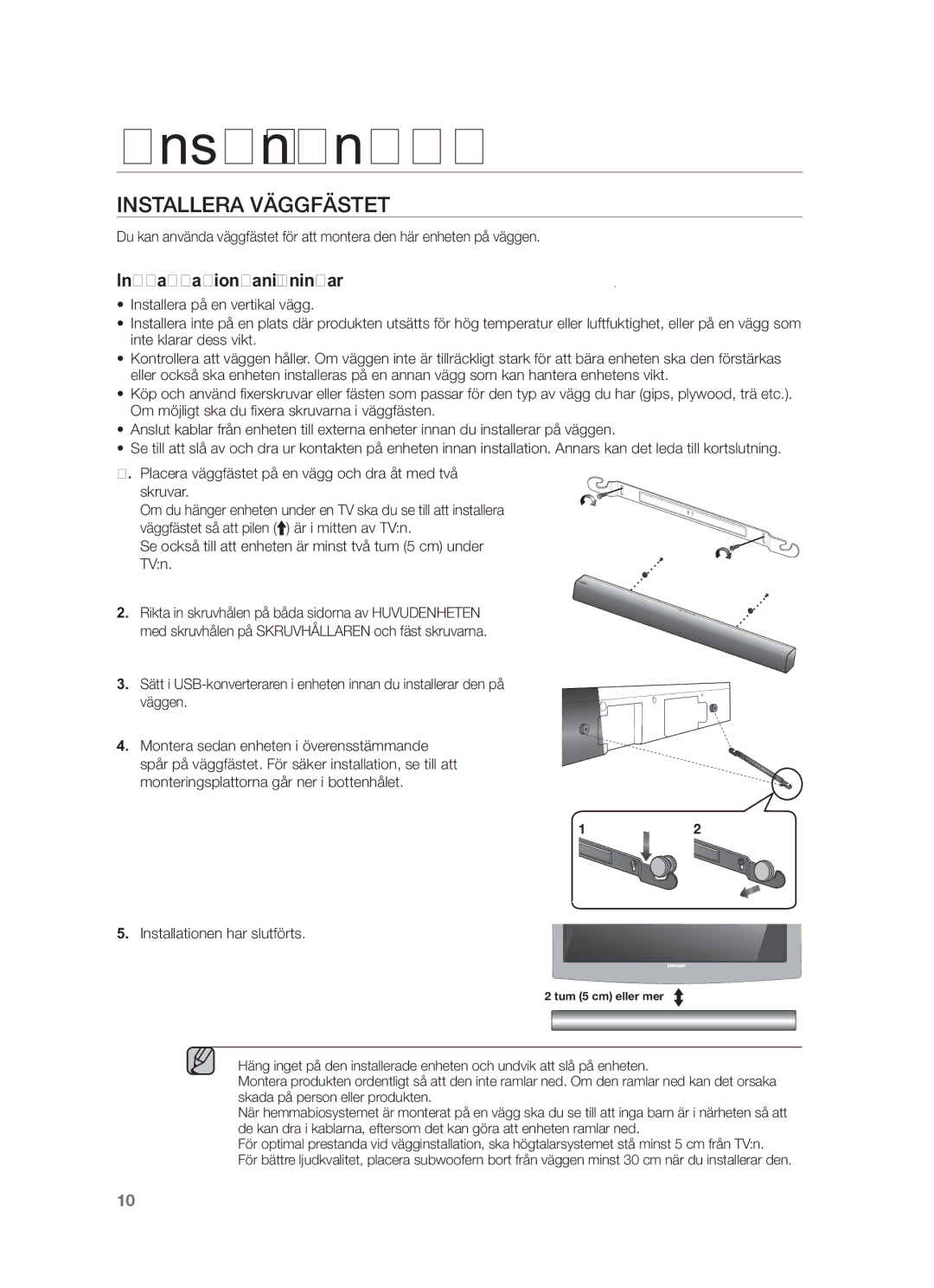 Samsung HW-F550/XE manual Anslutningar, Installera Väggfästet, Se också till att enheten är minst två tum 5 cm under TVn 