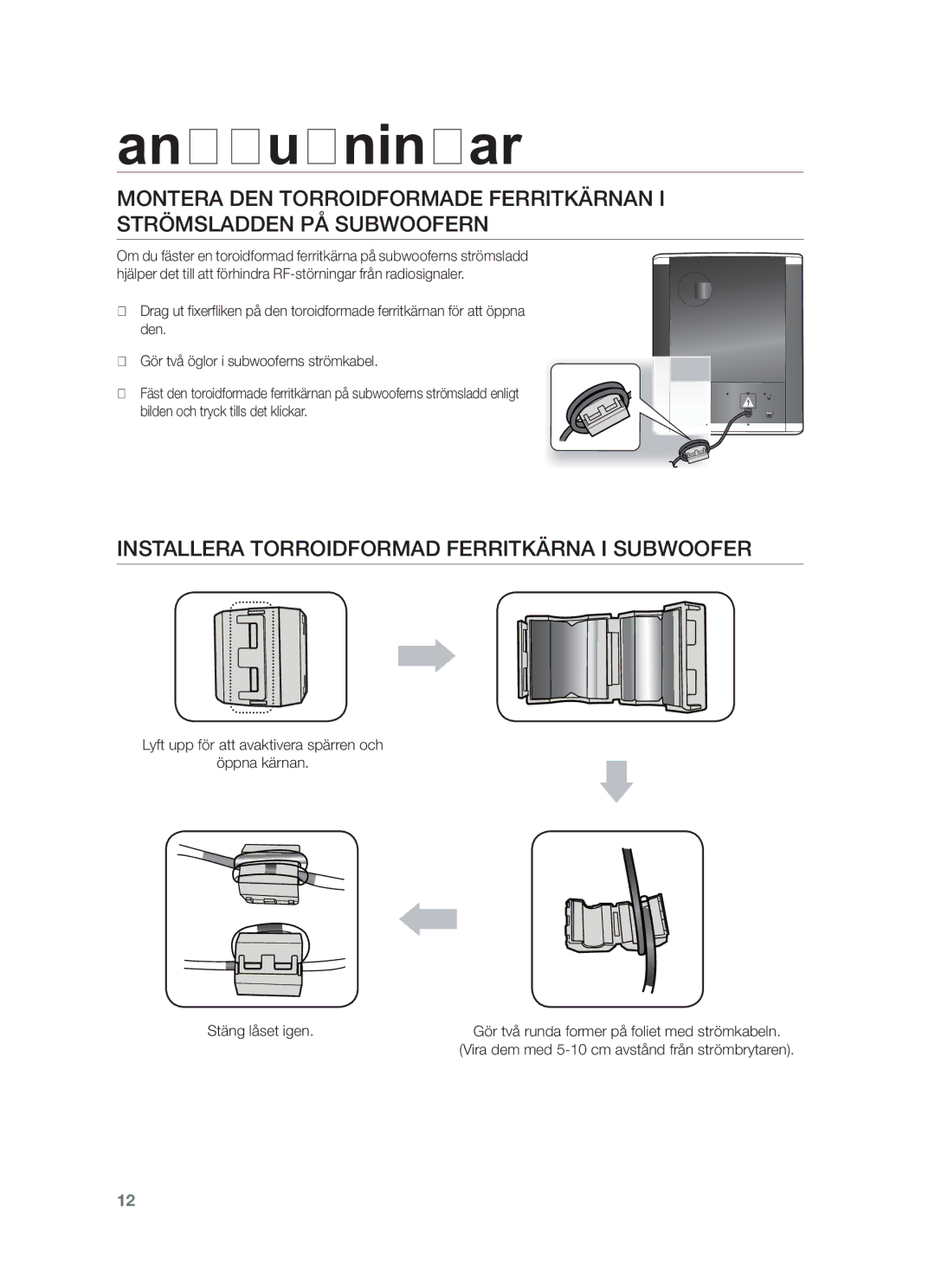 Samsung HW-F550/XE, HW-F551/XE manual Installera Torroidformad Ferritkärna I Subwoofer 