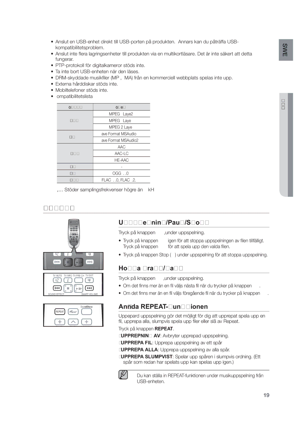 Samsung HW-F551/XE manual Använda Fjärrkontrollen, Uppspelning/Paus/Stopp, Hoppa framåt/bakåt, Använda REPEAT-funktionen 