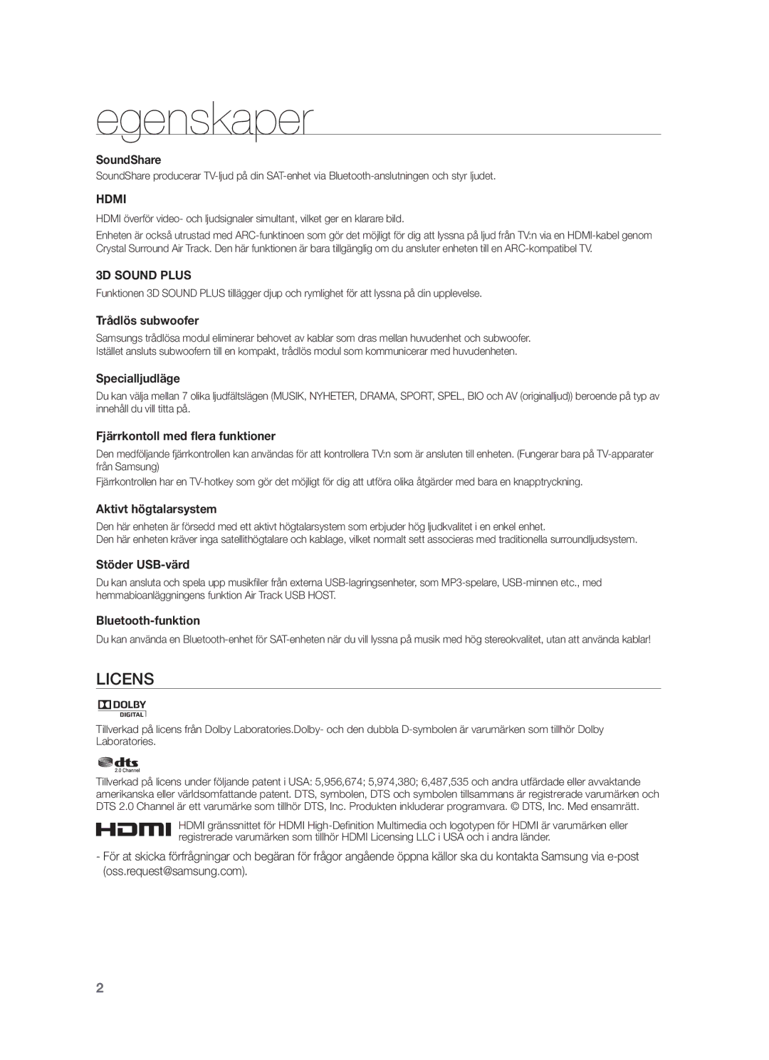 Samsung HW-F550/XE, HW-F551/XE manual Egenskaper, Hdmi 