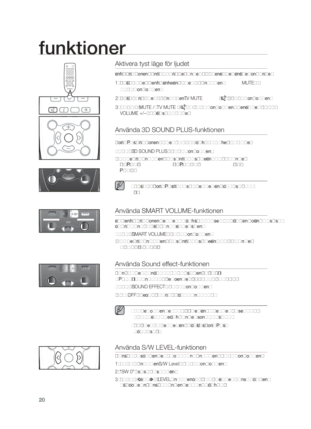 Samsung HW-F550/XE manual Aktivera tyst läge för ljudet, Använda 3D Sound PLUS-funktionen, Använda Smart VOLUME-funktionen 