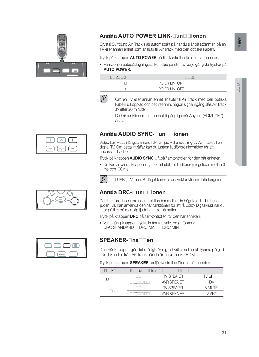 Samsung HW-F551/XE, HW-F550/XE Använda Auto Power LINK-funktionen, Använda Audio SYNC-funktionen, Använda DRC-funktionen 