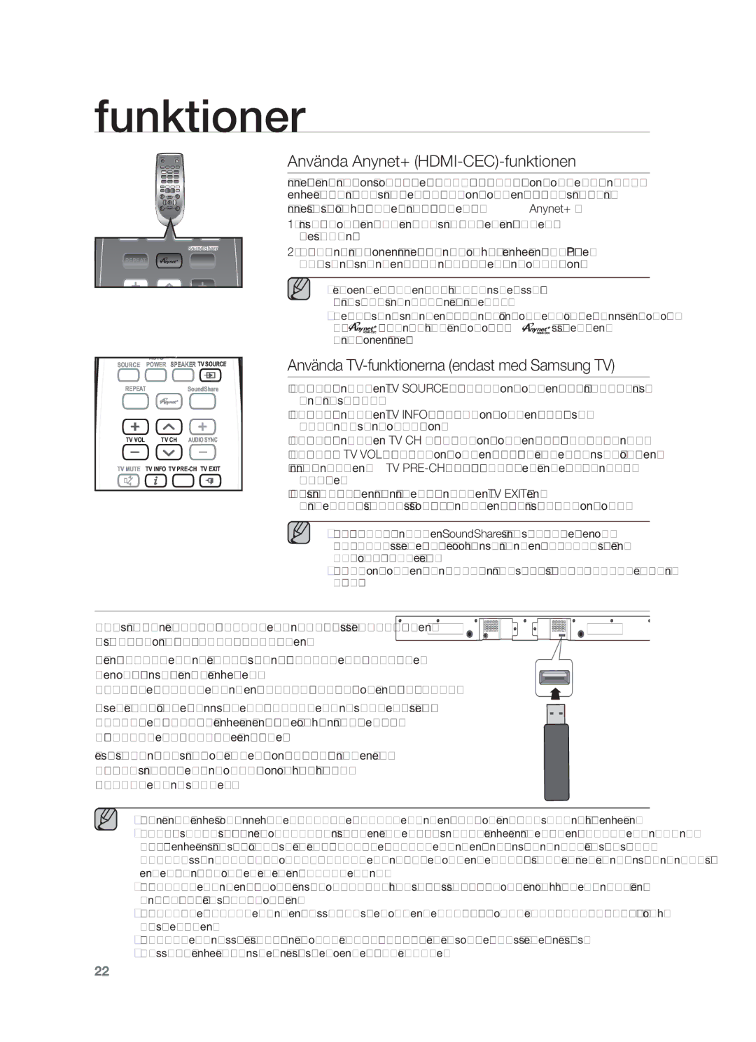 Samsung HW-F550/XE Programuppgradering, Använda Anynet+ HDMI-CEC-funktionen, Använda TV-funktionerna endast med Samsung TV 