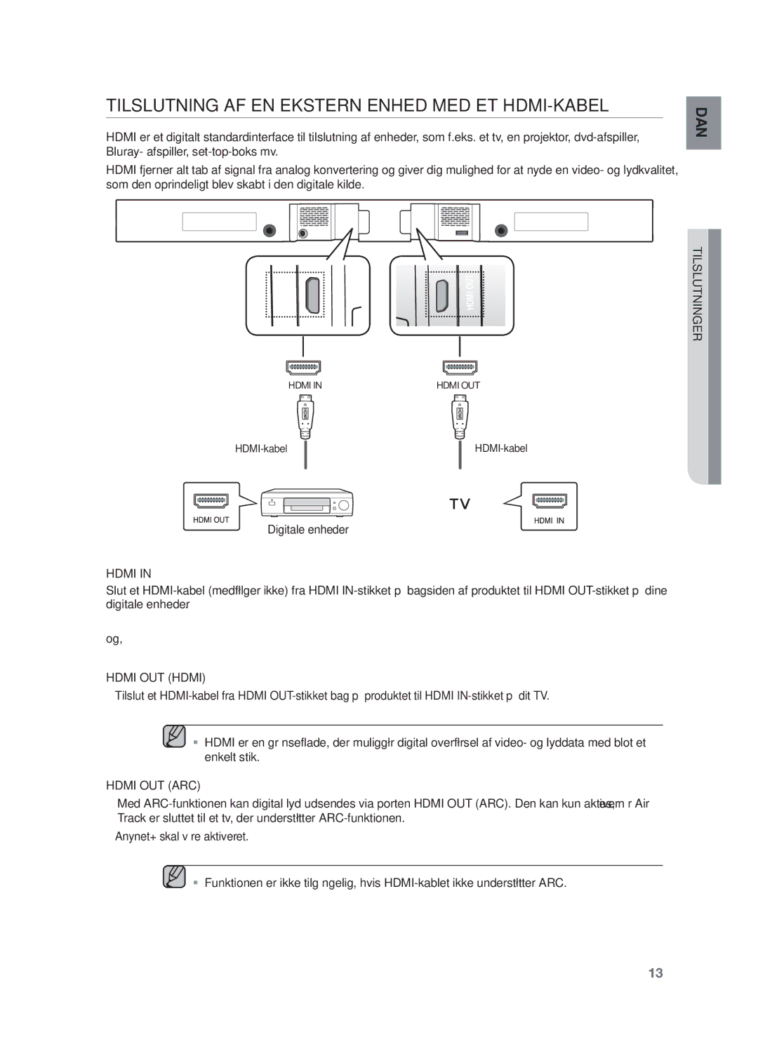 Samsung HW-F550/XE, HW-F551/XE manual Tilslutning AF EN Ekstern Enhed MED ET HDMI-KABEL, Digitale enheder 