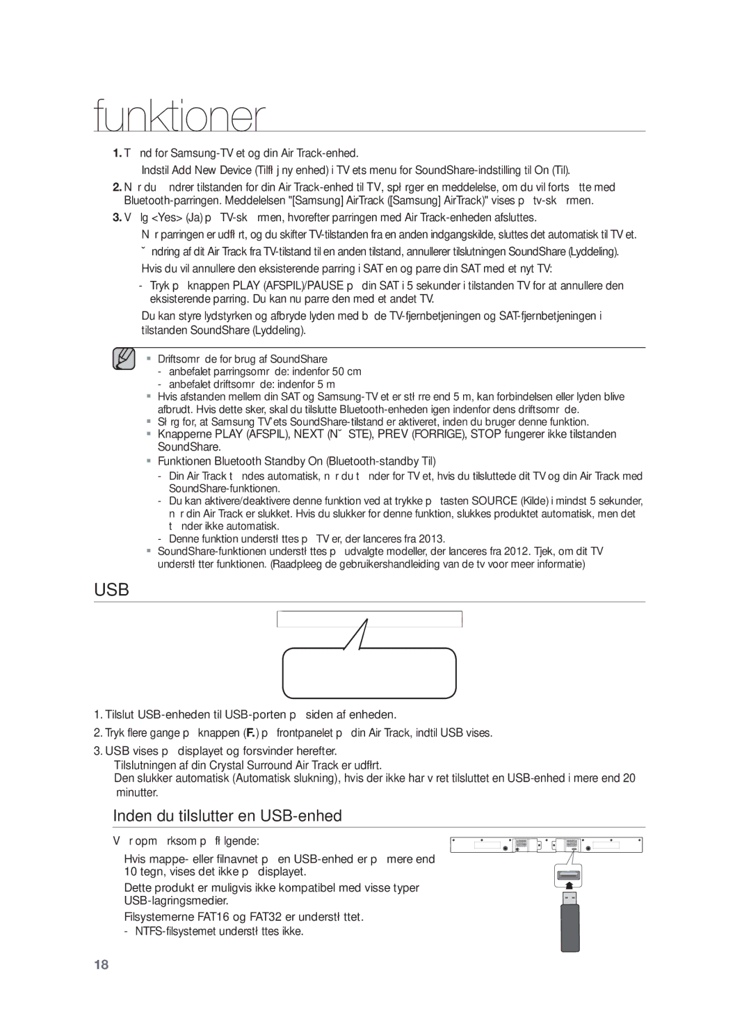 Samsung HW-F551/XE, HW-F550/XE manual Inden du tilslutter en USB-enhed 