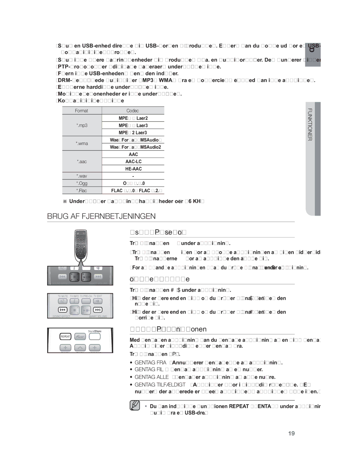 Samsung HW-F550/XE manual Brug AF Fjernbetjeningen, Afspil/Pause/Stop, Hop frem/tilbage, Brug af Repeat GENTAG-funktionen 