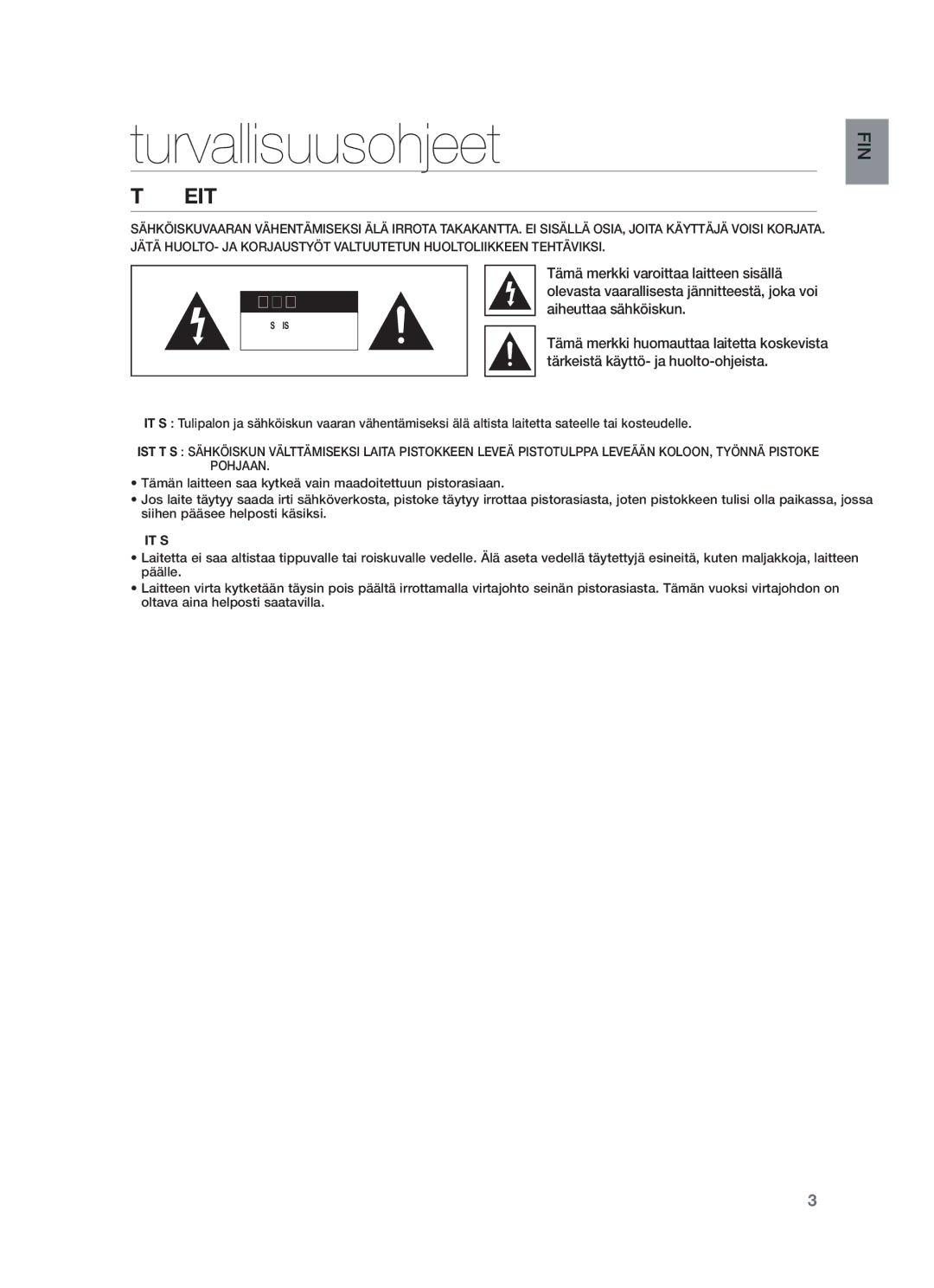 Samsung HW-F551/XE manual Turvallisuusohjeet, Turvaohjeita, Aiheuttaa sähköiskun, Tärkeistä käyttö- ja huolto-ohjeista 