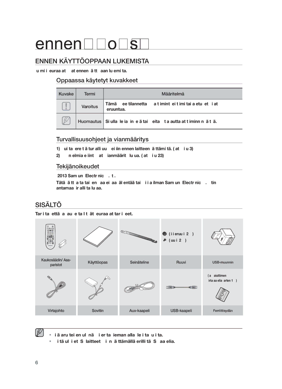 Samsung HW-F550/XE, HW-F551/XE manual Ennen aloitusta, Ennen Käyttöoppaan Lukemista, Sisältö 