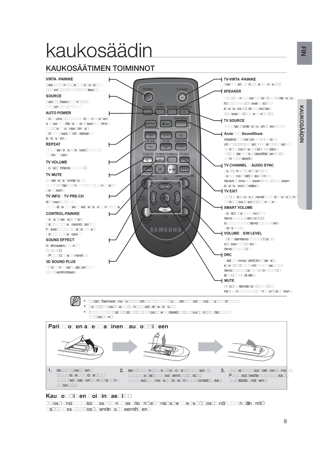 Samsung HW-F551/XE, HW-F550/XE manual Kaukosäädin, Kaukosäätimen Toiminnot 