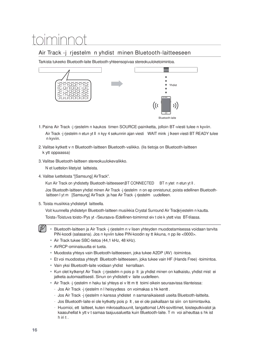 Samsung HW-F550/XE, HW-F551/XE manual Air Track -järjestelmän yhdistäminen Bluetooth-laitteeseen 