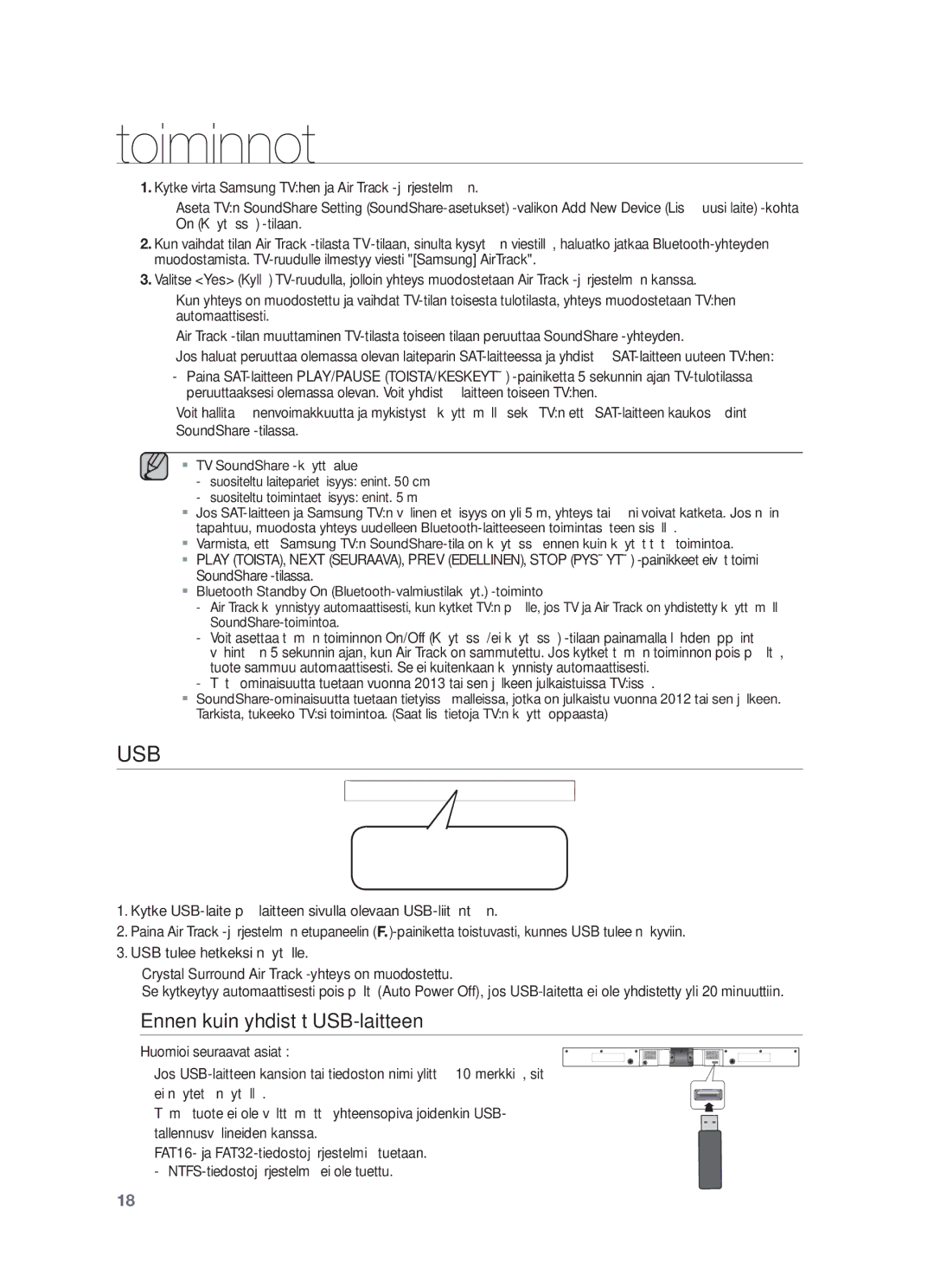 Samsung HW-F550/XE, HW-F551/XE manual Ennen kuin yhdistät USB-laitteen 