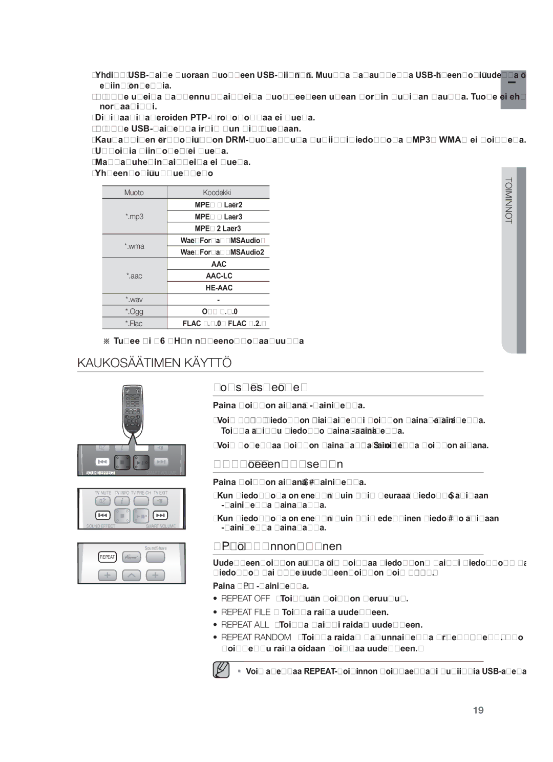 Samsung HW-F551/XE Kaukosäätimen Käyttö, Toista/Keskeytä/Lopeta, Siirto eteen-/taaksepäin, Repeat -toiminnon käyttäminen 