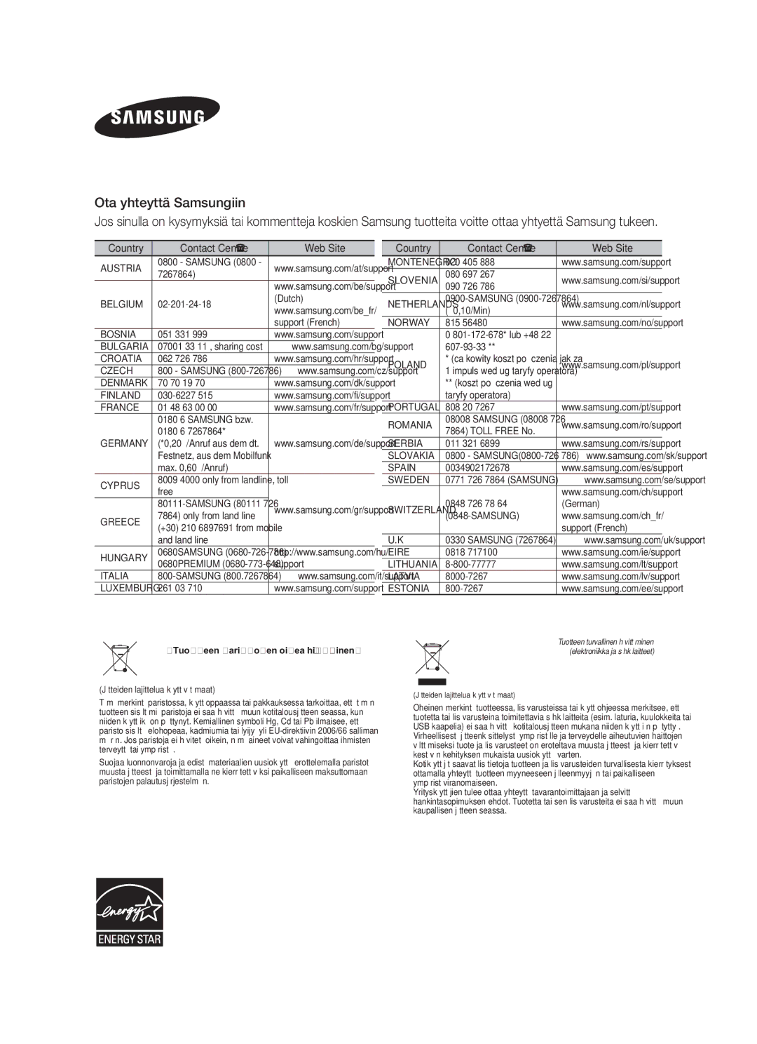 Samsung HW-F551/XE, HW-F550/XE manual Tuotteen paristojen oikea hävittäminen 