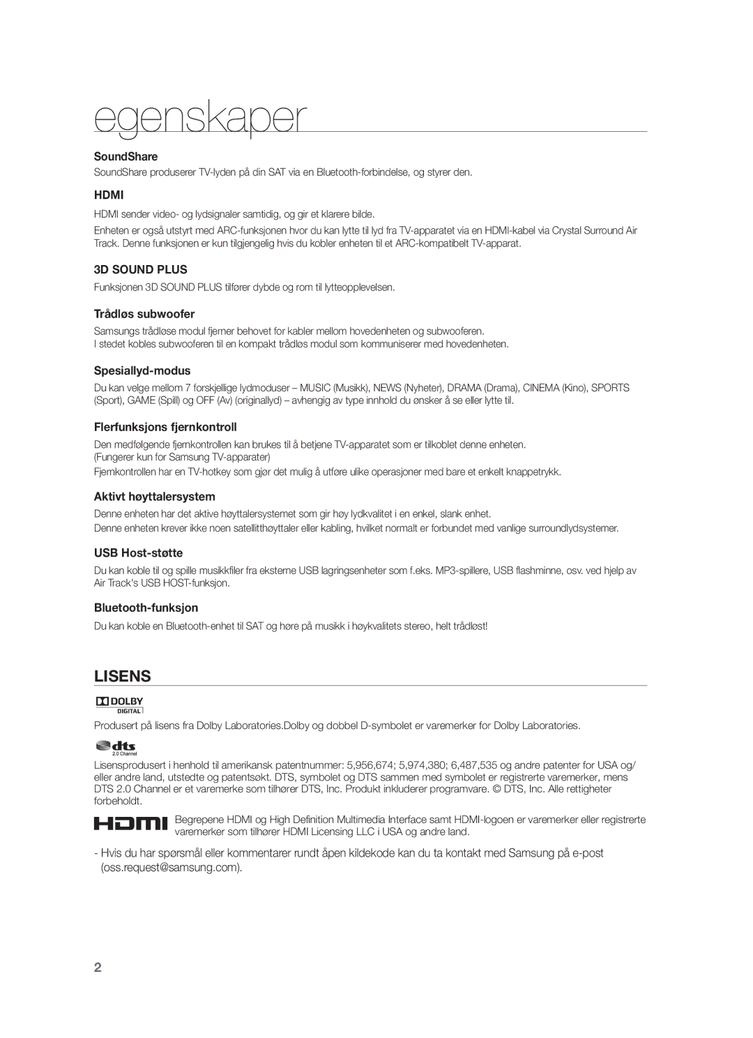 Samsung HW-F551/XE, HW-F550/XE manual Lisens 