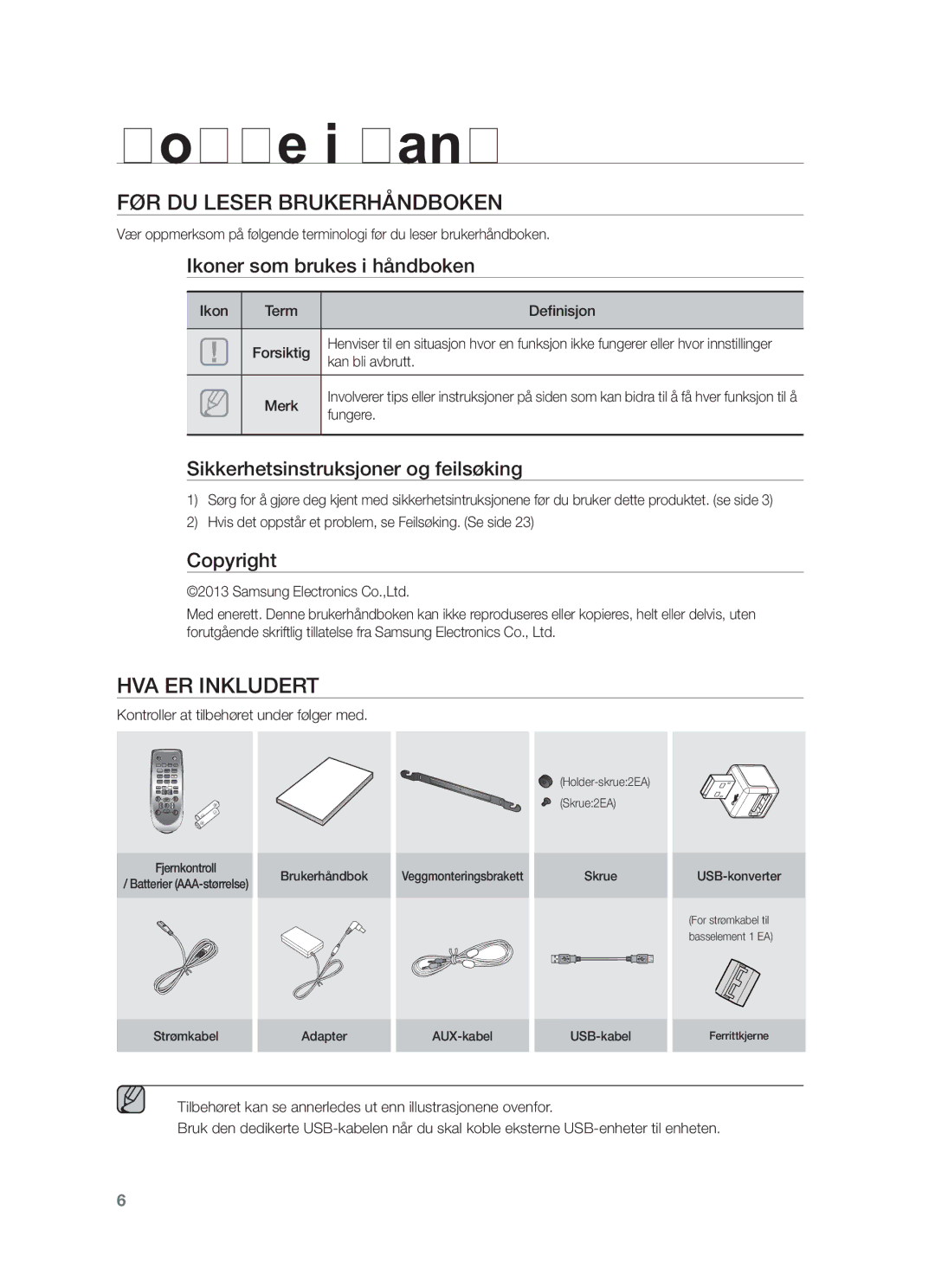 Samsung HW-F551/XE, HW-F550/XE manual Komme i gang, FØR DU Leser Brukerhåndboken, HVA ER Inkludert 