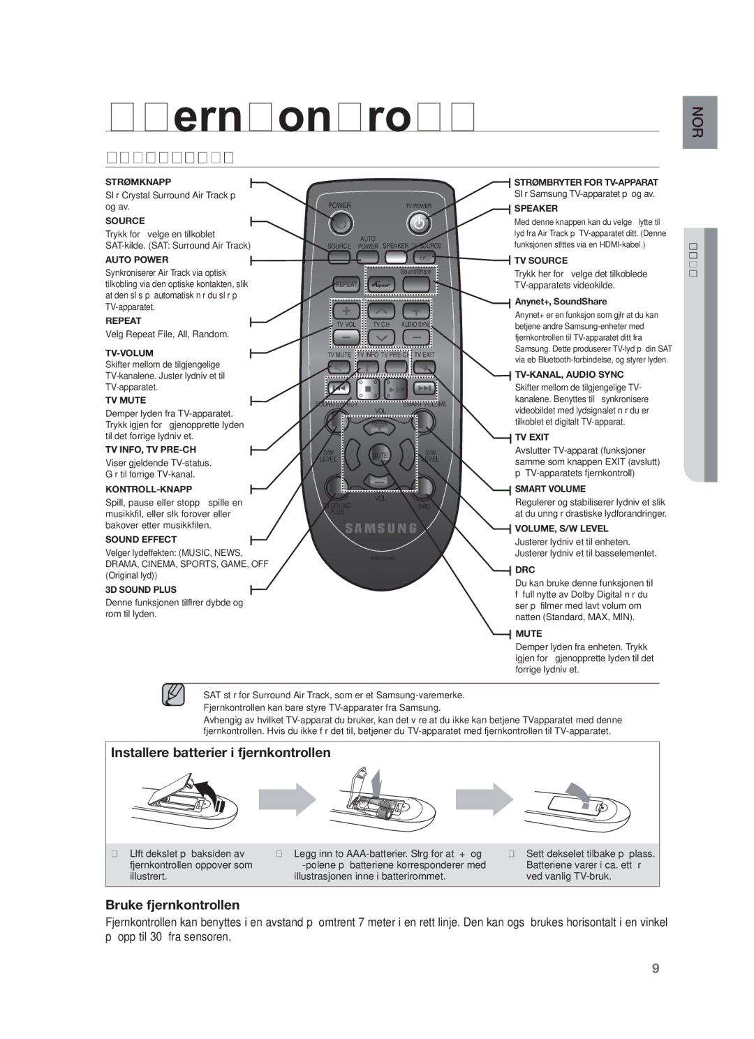 Samsung HW-F550/XE, HW-F551/XE manual Oversikt Over Fjernkontrollen 