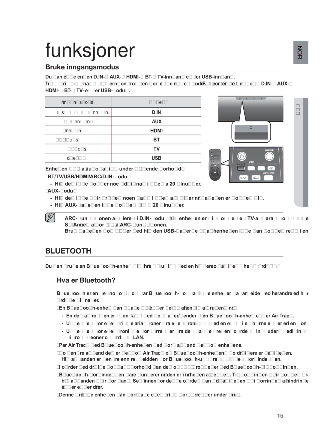 Samsung HW-F550/XE, HW-F551/XE manual Funksjoner, Bruke inngangsmodus, Hva er Bluetooth? 