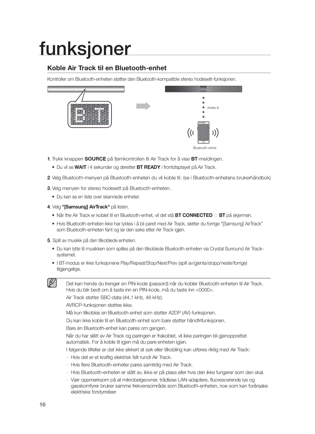 Samsung HW-F551/XE, HW-F550/XE manual Koble Air Track til en Bluetooth-enhet, Velg Samsung AirTrack på listen 