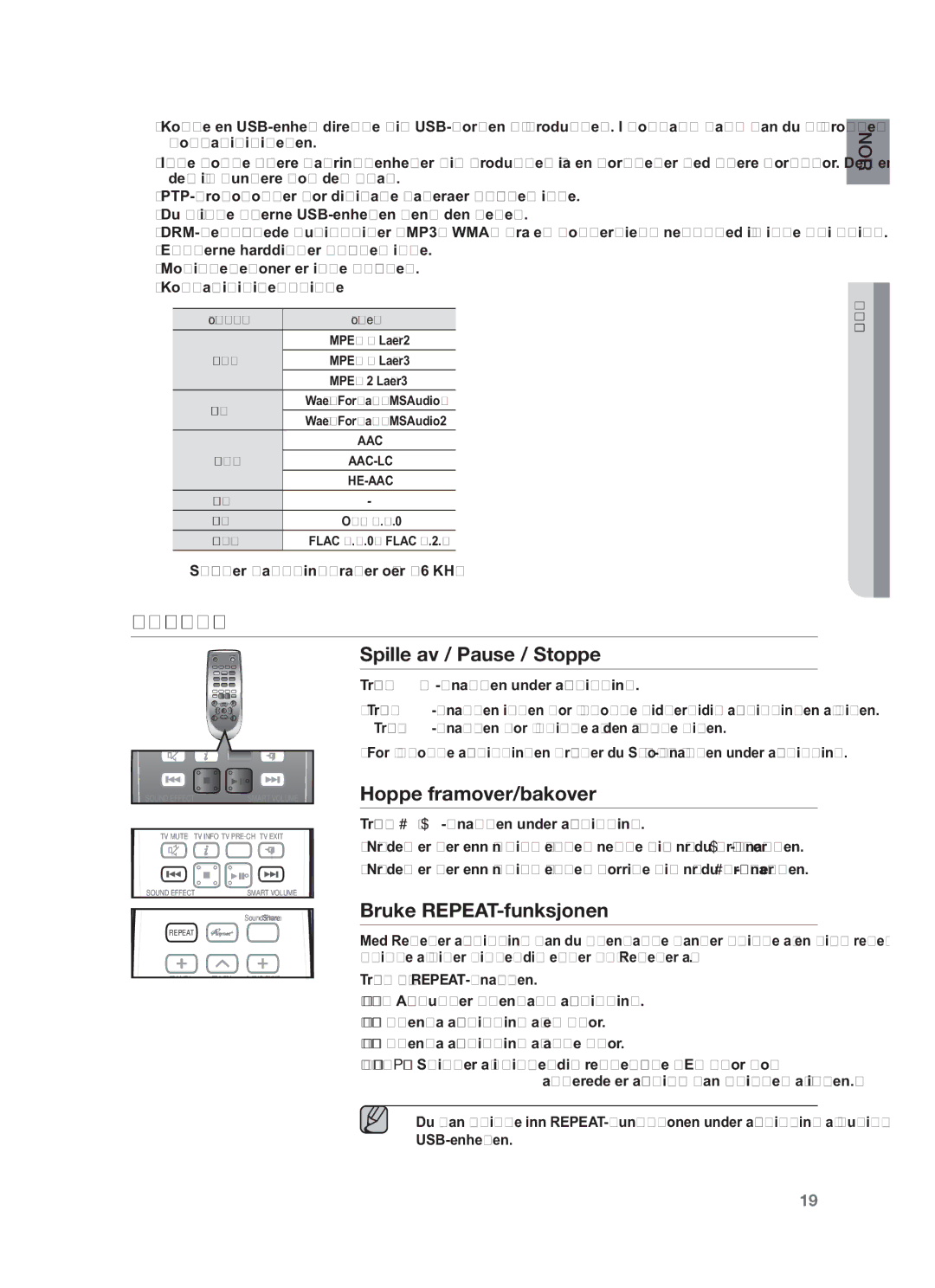 Samsung HW-F550/XE Bruke Fjernkontrollen, Spille av / Pause / Stoppe, Hoppe framover/bakover, Bruke REPEAT-funksjonen 