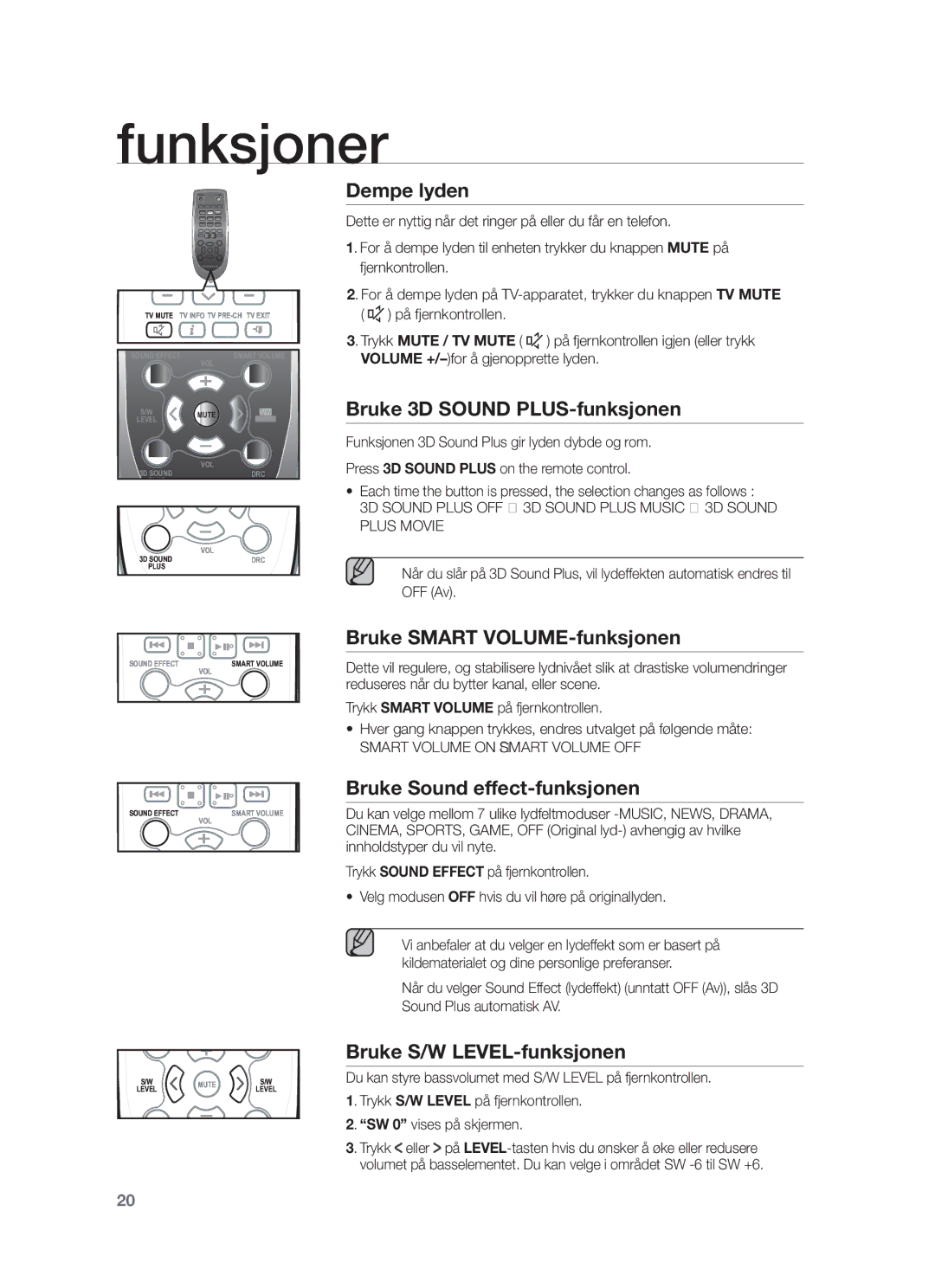 Samsung HW-F551/XE Dempe lyden, Bruke 3D Sound PLUS-funksjonen, Bruke Smart VOLUME-funksjonen, Bruke S/W LEVEL-funksjonen 