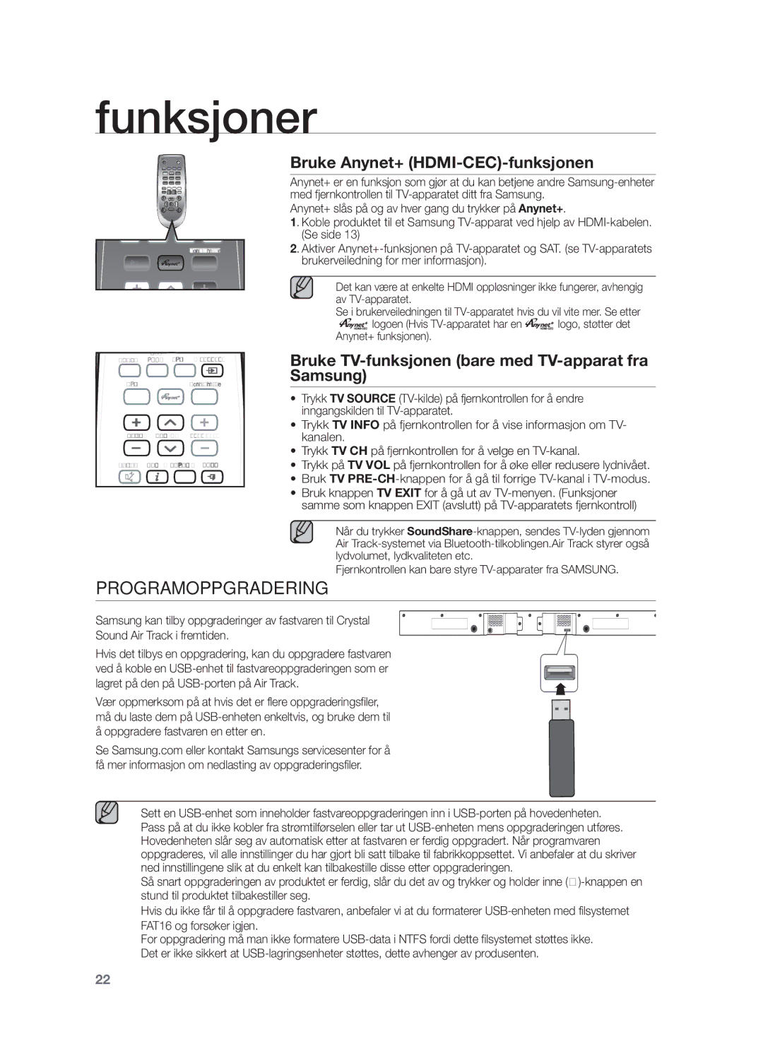 Samsung HW-F551/XE, HW-F550/XE manual Programoppgradering, Bruke Anynet+ HDMI-CEC-funksjonen 