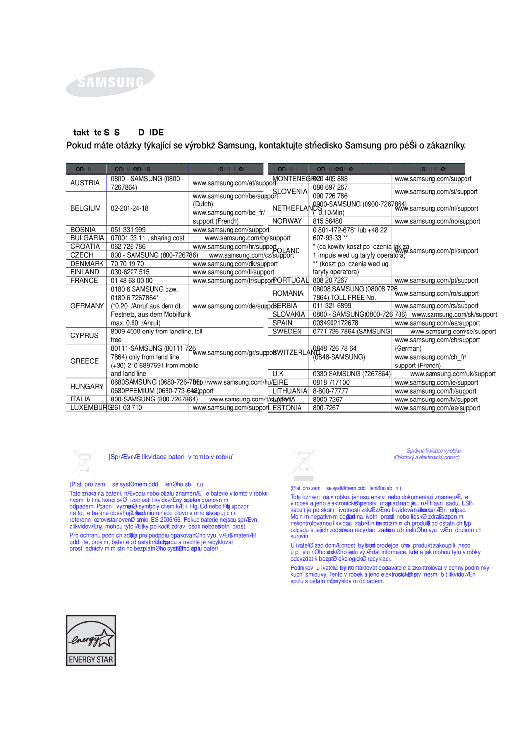 Samsung HW-F551/EN, HW-F550/EN, HW-F550/XE, HW-F551/XE manual Správná likvidace baterií v tomto výrobku 