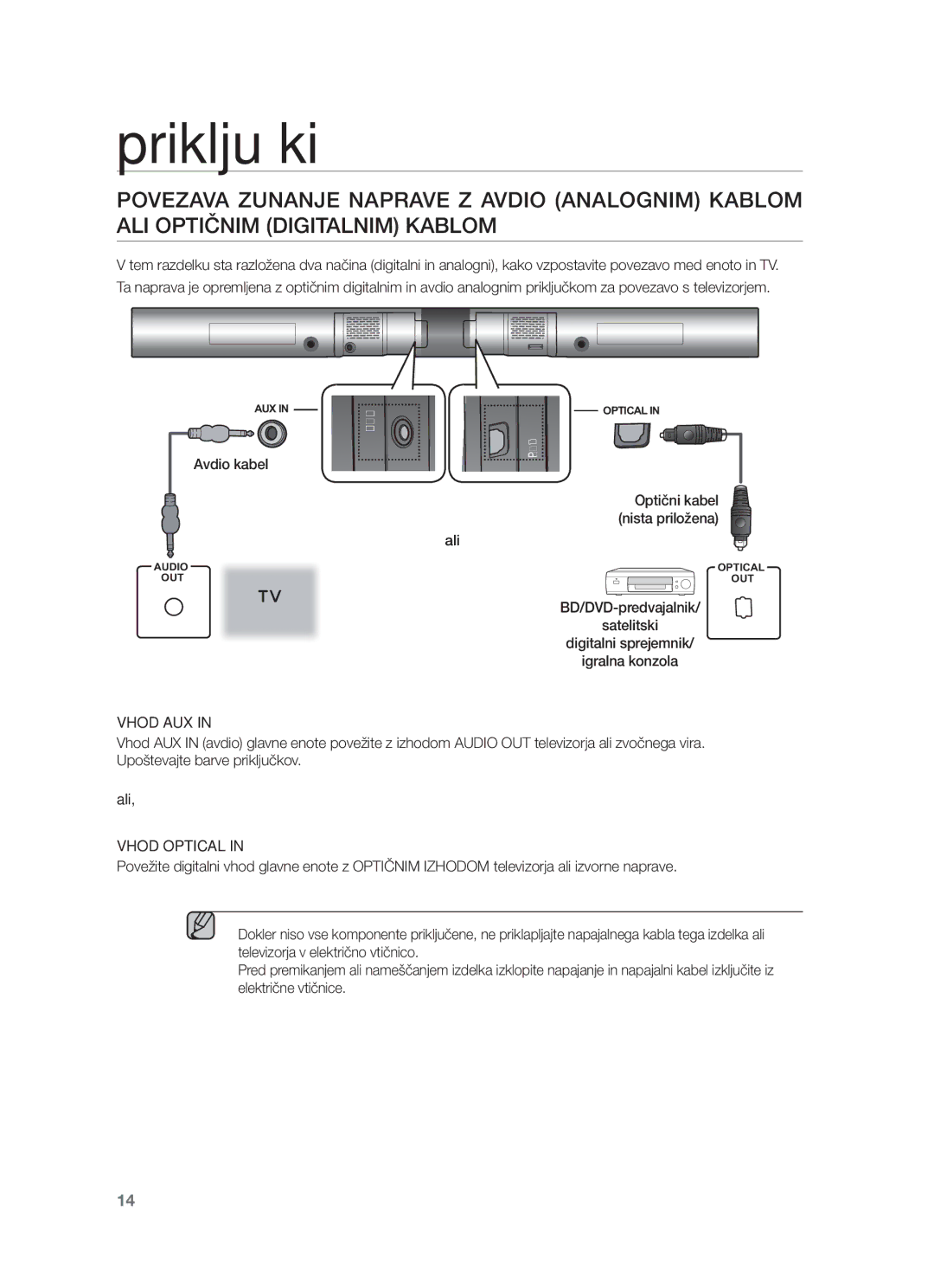 Samsung HW-F550/XE, HW-F551/EN, HW-F550/EN, HW-F551/XE manual Avdio kabel, Vhod AUX, Ali, Vhod Optical 