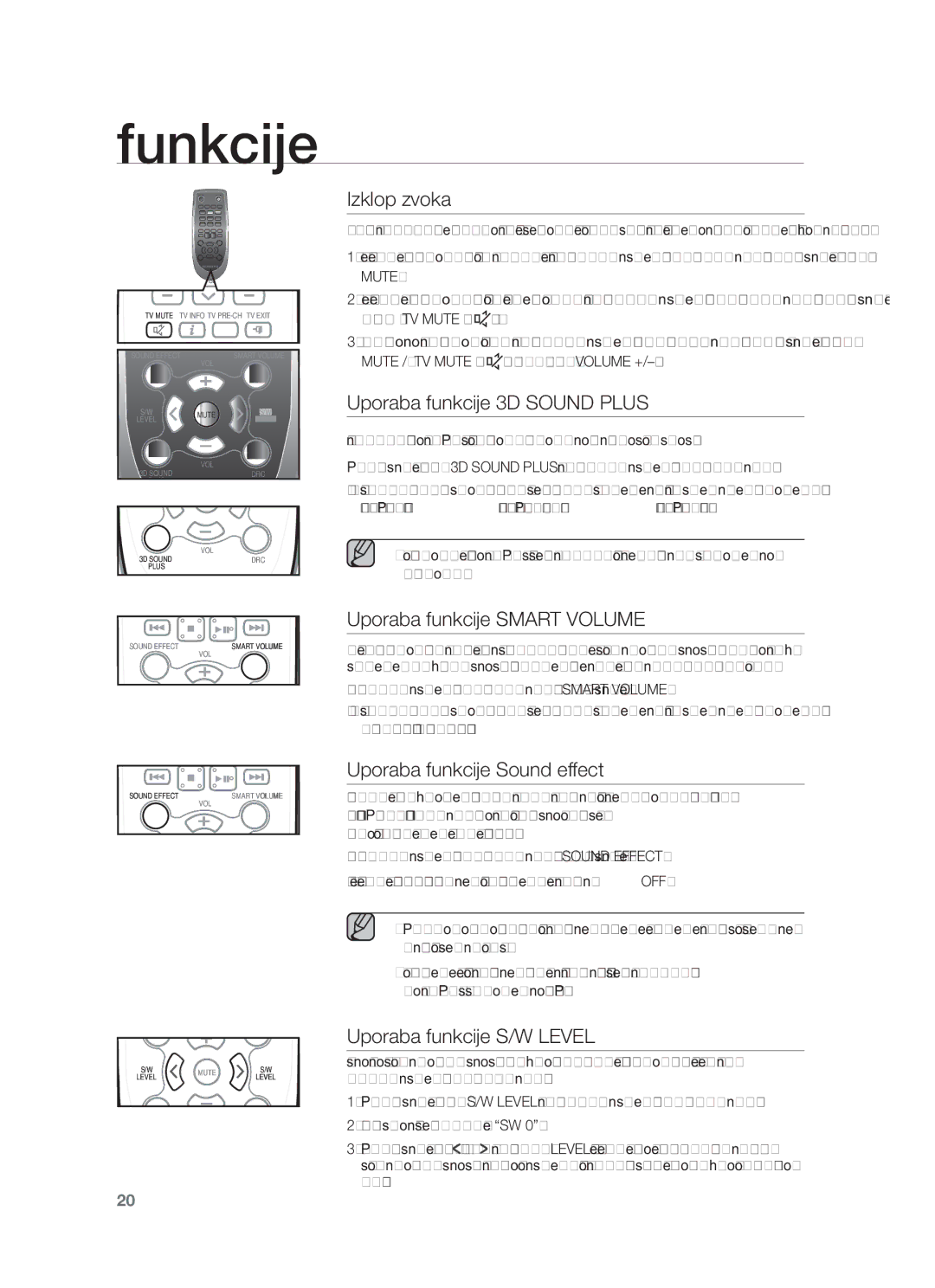 Samsung HW-F551/EN Izklop zvoka, Uporaba funkcije 3D Sound Plus, Uporaba funkcije Smart Volume, Uporaba funkcije S/W Level 