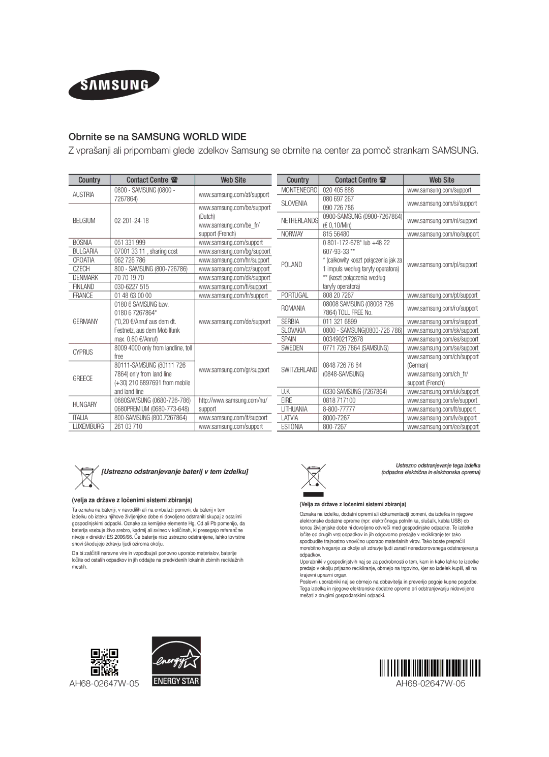 Samsung HW-F550/EN, HW-F551/EN, HW-F550/XE, HW-F551/XE manual AH68-02647W-05, Ustrezno odstranjevanje baterij v tem izdelku 