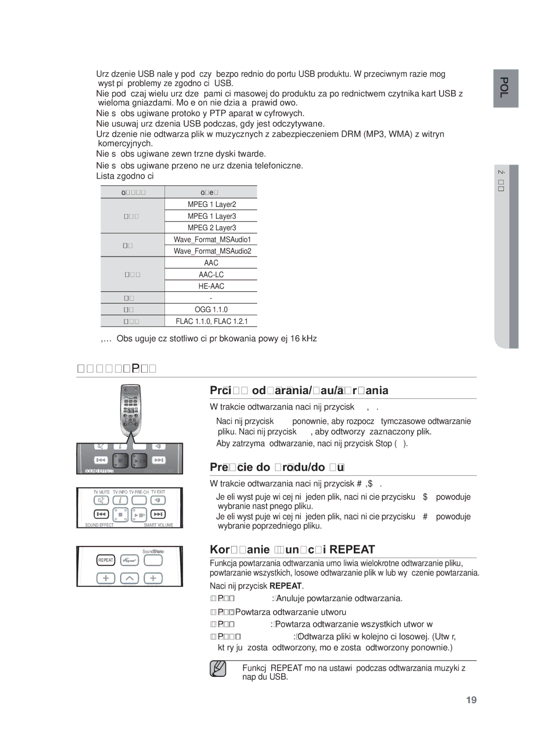 Samsung HW-F551/XE, HW-F551/EN Korzystanie Z Pilota, Przycisk odtwarzania/pauzy/zatrzymania, Przejście do przodu/do tyłu 